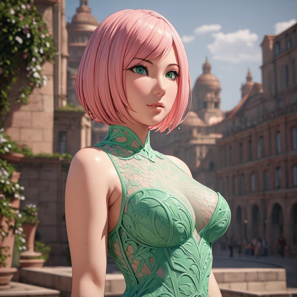 Masterpiece, High Resolution, Anatomically Correct, Best Quality, Super Detailed, Textured Skin, bright pink hair, mint green eyes, fairly curvaceous figure, peach skin, Breasts, Short Hair, Unreal Engine, see-through dress