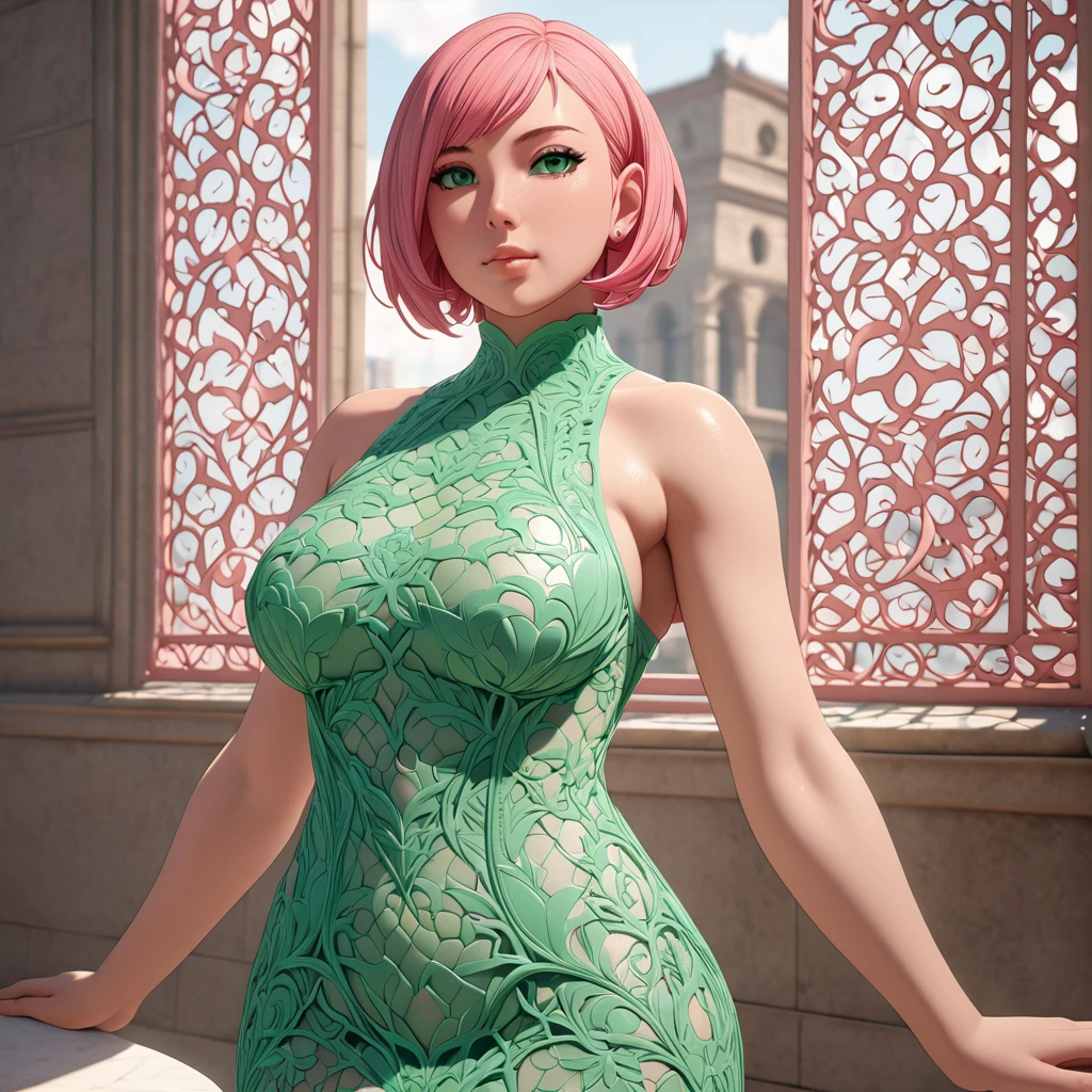 Masterpiece, High Resolution, Anatomically Correct, Best Quality, Super Detailed, Textured Skin, bright pink hair, mint green eyes, fairly curvaceous figure, peach skin, Breasts, Short Hair, Unreal Engine, see-through dress