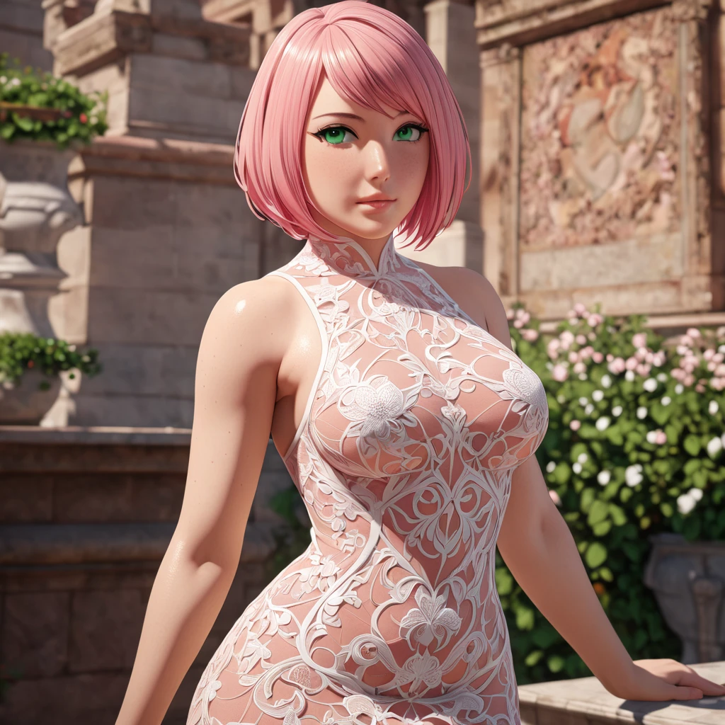 Masterpiece, High Resolution, Anatomically Correct, Best Quality, Super Detailed, Textured Skin, bright pink hair, mint green eyes, fairly curvaceous figure, peach skin, Breasts, Short Hair, Unreal Engine, see-through dress