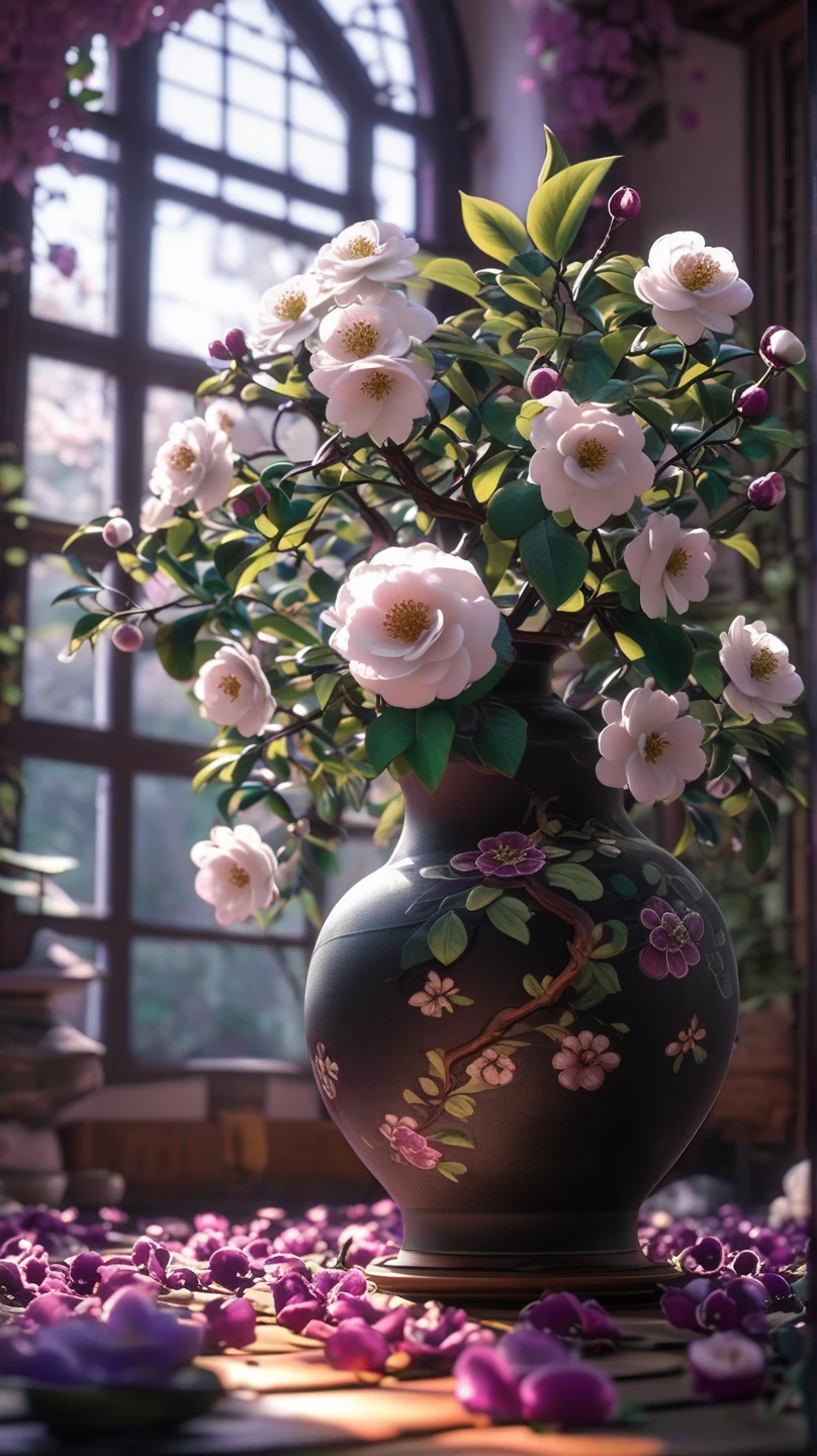 On black and green Japanese pottery ,Beautiful white camellias and purple nuts are in a very long, thin vase, soul,  fairy tale, soul、soul,  colorful , Japanese Garden、 Cinematic monotone lighting , 8k, Bage design 、 High Quality 、 Highest Masterpiece