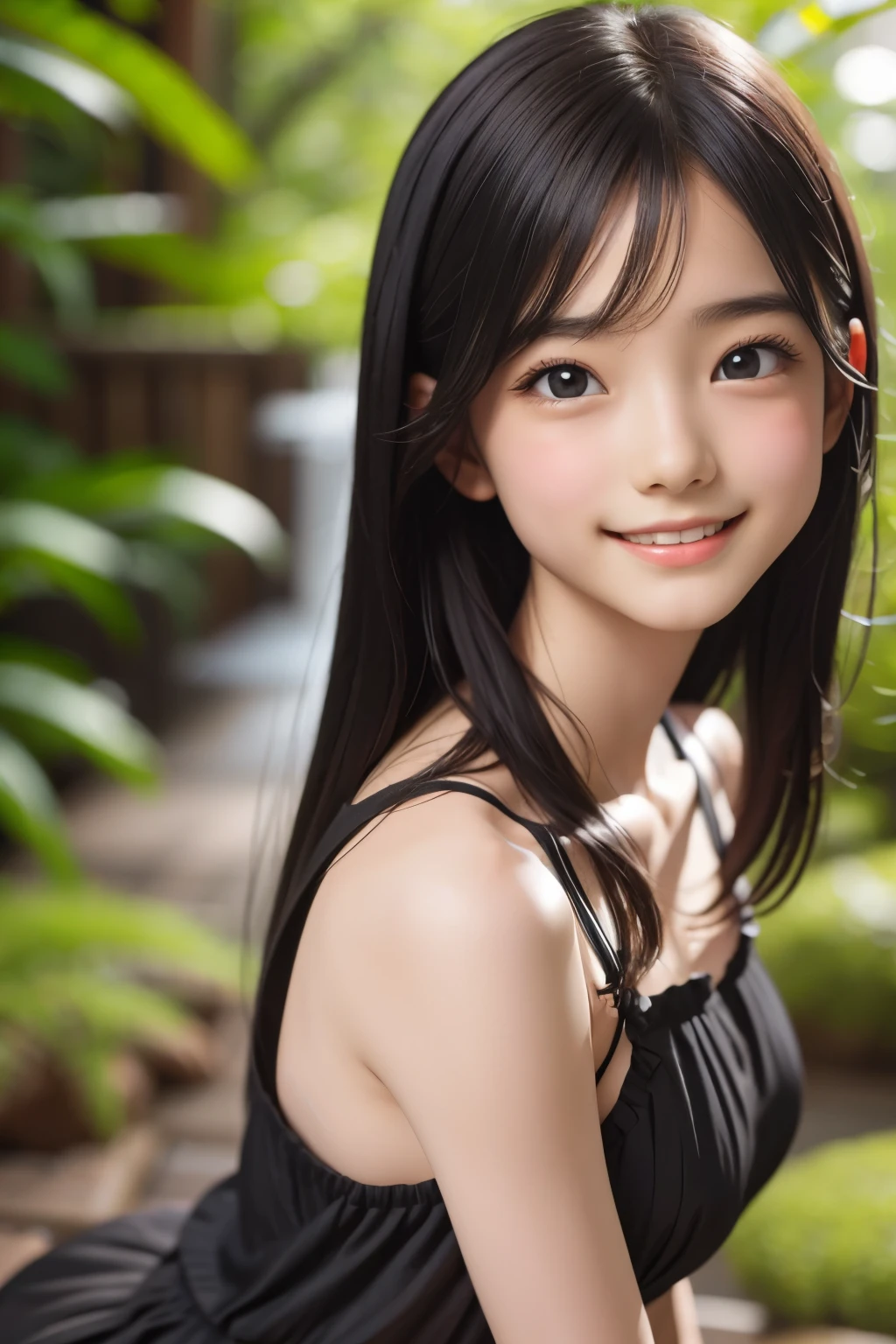 (ultra Realistic) , (illustration), (Enhance resolution), (8k), ( Extremely Detailed), ( detailed face ), 1 female, Black Straight Hair, Slim Body, in the dark , deep shadow, low profile, pureerosfaceace_v1, Happy smile, Summer Dress , Fall, rainforest