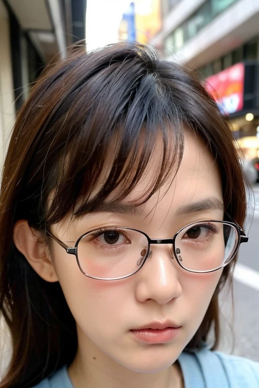 Best quality,masterpiece,ultra high res,photorealistic,1girl,taipei street alley,dynamic pose,face closeup,depth of field,upper_body,very small eyes、Sleepy expression、Angry face,
bangs, Very slender 、Glasses:1.3、Very thin face、Thin Nose、Very high nose、Very very narrow eyes、Thin lips、 long hair, Long curly hair:1.6、 College Student 、No cheekbones,very narrow eyes、The corners of the eyes are raised,small face、セクシーな顔、