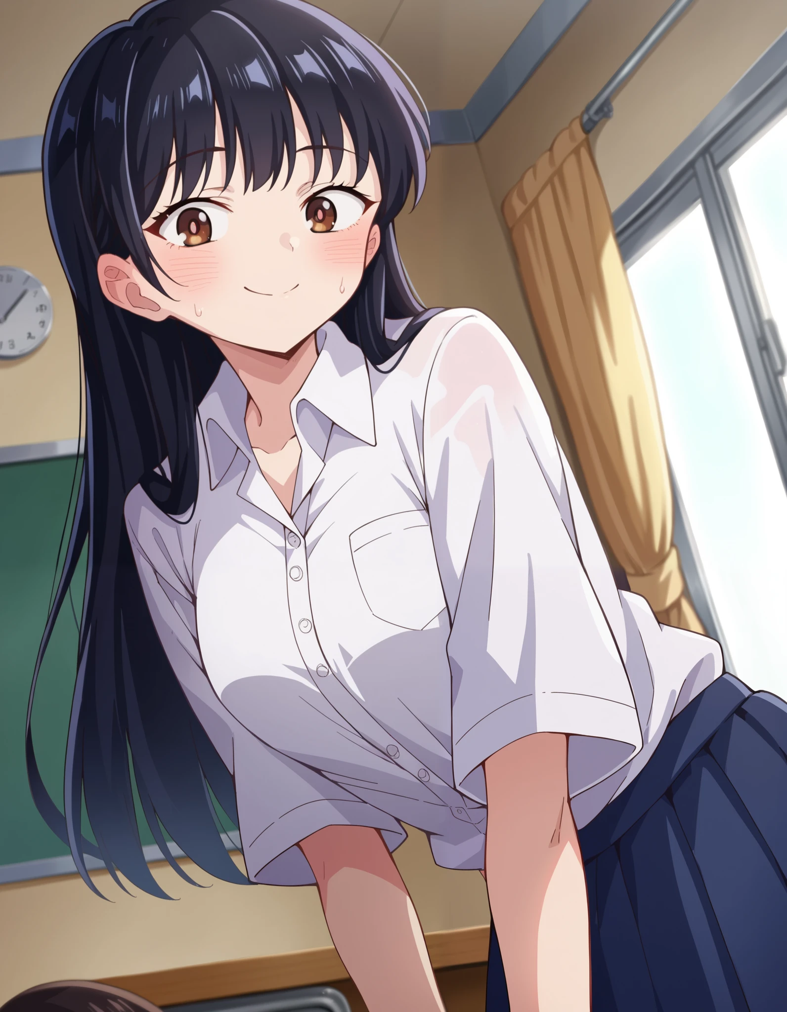 score_9, score_8_up, score_7_up, source_anime, annayamada, anna yamada, long hair, bangs, black hair, brown eyes, skirt, shirt, school uniform, white shirt, pleated skirt, collared shirt, sweatdrop, blue skirt, pocket, shirt tucked in, indoors, on side, blush, looking at viewer, cowboy shot, dutch angle, smile, smiling
