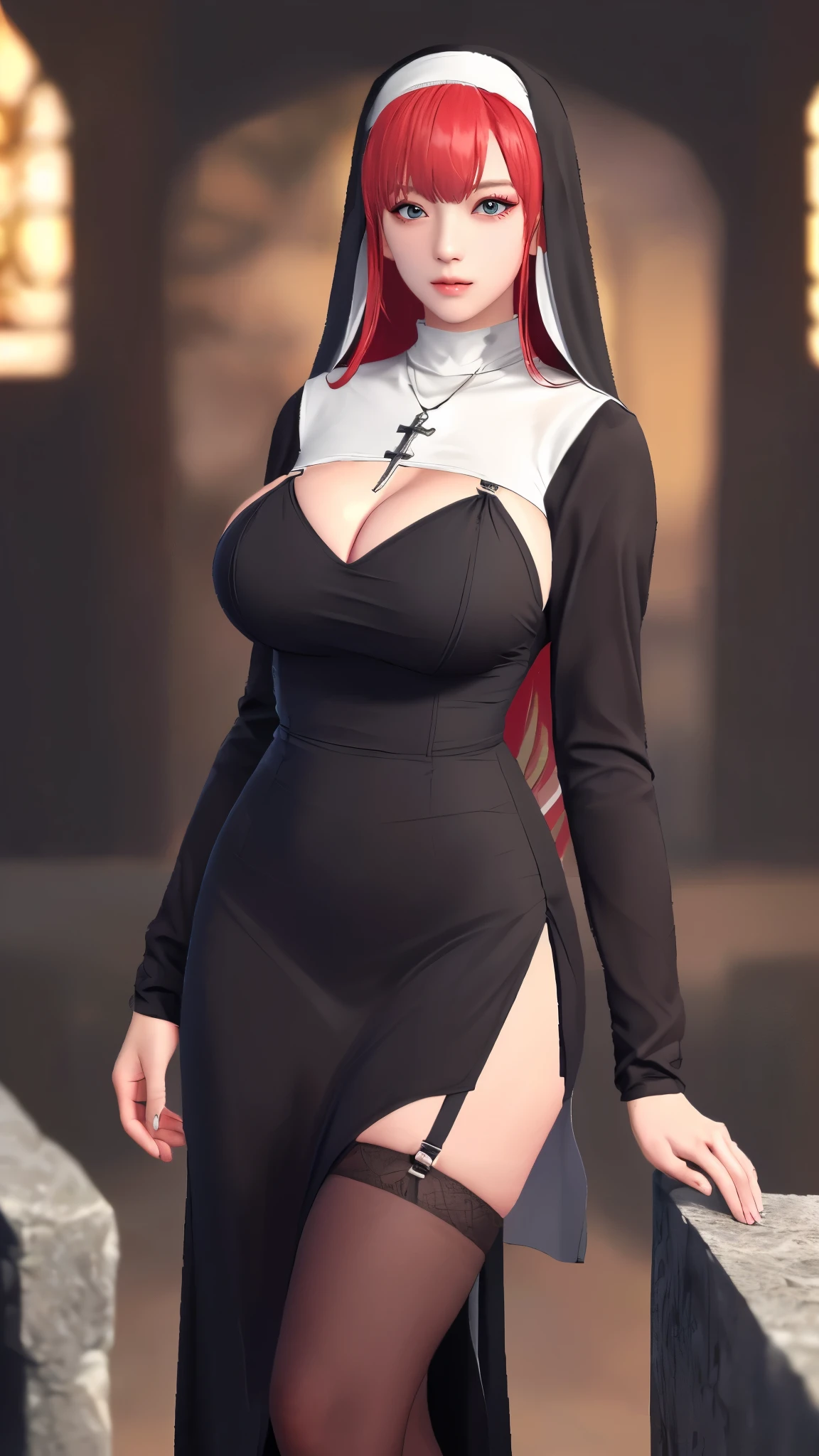 (（（figure，完美figure,White and tender skin,((masterpiece)), highres icon,((Best quality at best)),masterpiece,quality,Best quality,(（（ long red hair ,Straight Hair, bangs,Hair in the middle of the eye,  exquisite facial features , watching the audience , has light in her eyes , ）））,）））,（（（ looking at the camera,lol)））),（（（ huge  ）））,(（（long sleeves,nun,habit,nun,habit,dress,black dress,long dress,catholic，Black stockings with suspenders，Cross necklace on chest，Cleavage））),black cross graveyard background）））