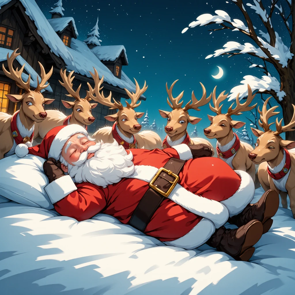 Santa Claus is oversleeping, and the reindeer are desperately trying to wake him up, This is cute fantasy art that looks like a fairy tale picture book, ultra detailed, absolutely resolution, masterpiece