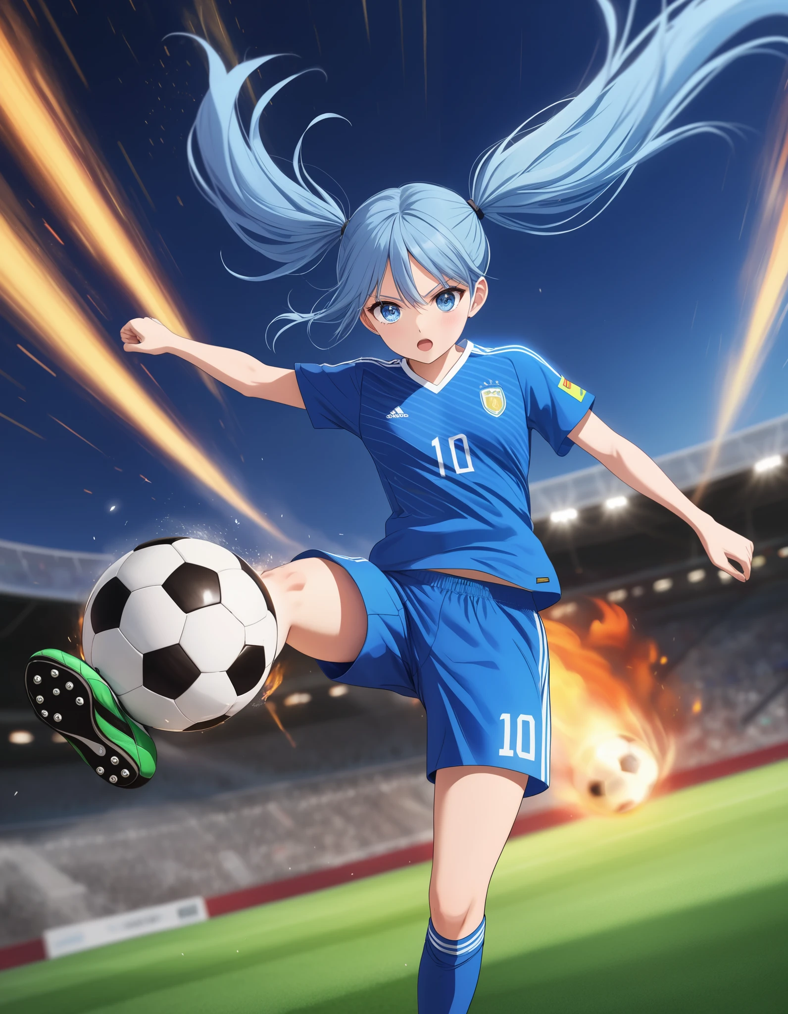 Soccer Tournament 、A packed stadium with clear skies、 Light Blue Long Hair 、 1 girl with twin tails , blue eyes,captaintsubasashoot, playing a soccer ball ,Fire Shoot、 splash art、angle,emphasis lines, speedline , Motion Blur , motion line,aura, action,kicking,  soccer field, Watch viewers,  is standing on one leg , raise your arms , raise your legs,