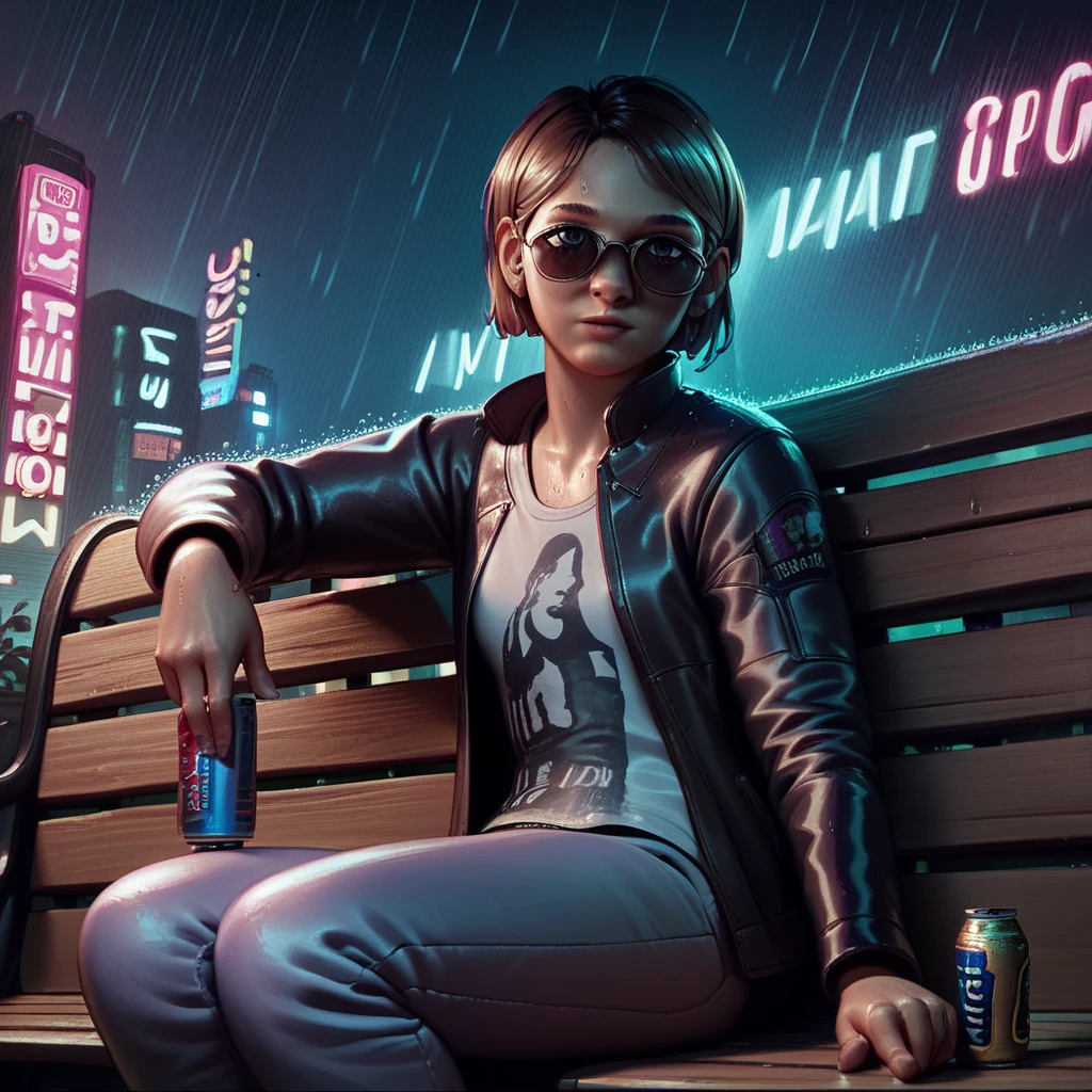 score_9, score_8_up, score_7_up, score_6_up, Sarah-Miller, TLOU, 1girl, solo, looking at viewer, short hair, shirt, brown hair, jewelry, sitting, jacket, earrings, open clothes, pants, open jacket, black jacket, lips, night, sunglasses, denim, rain, can, bench, leather, cyborg, prosthesis, leather jacket, cyberpunk, vending machine, neon lights, sensitive