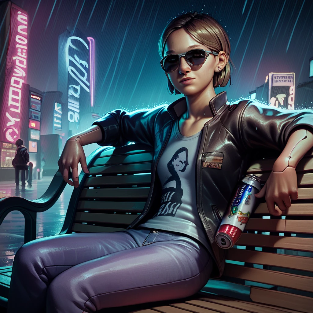 score_9, score_8_up, score_7_up, score_6_up, Sarah-Miller, TLOU, 1girl, solo, looking at viewer, short hair, shirt, brown hair, jewelry, sitting, jacket, earrings, open clothes, pants, open jacket, black jacket, lips, night, sunglasses, denim, rain, can, bench, leather, cyborg, prosthesis, leather jacket, cyberpunk, vending machine, neon lights, sensitive