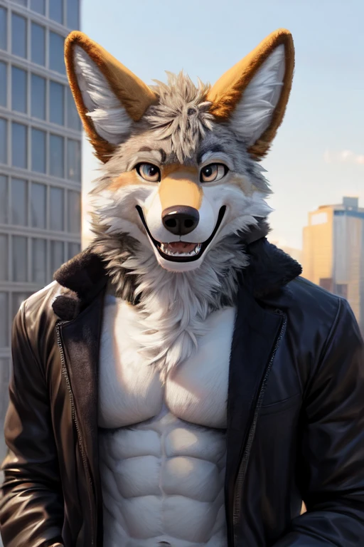 coyote Fursuit, muscular, fluffy fur, shirtless, black coat jacket, smile, teeth, looking at viewer, teeth