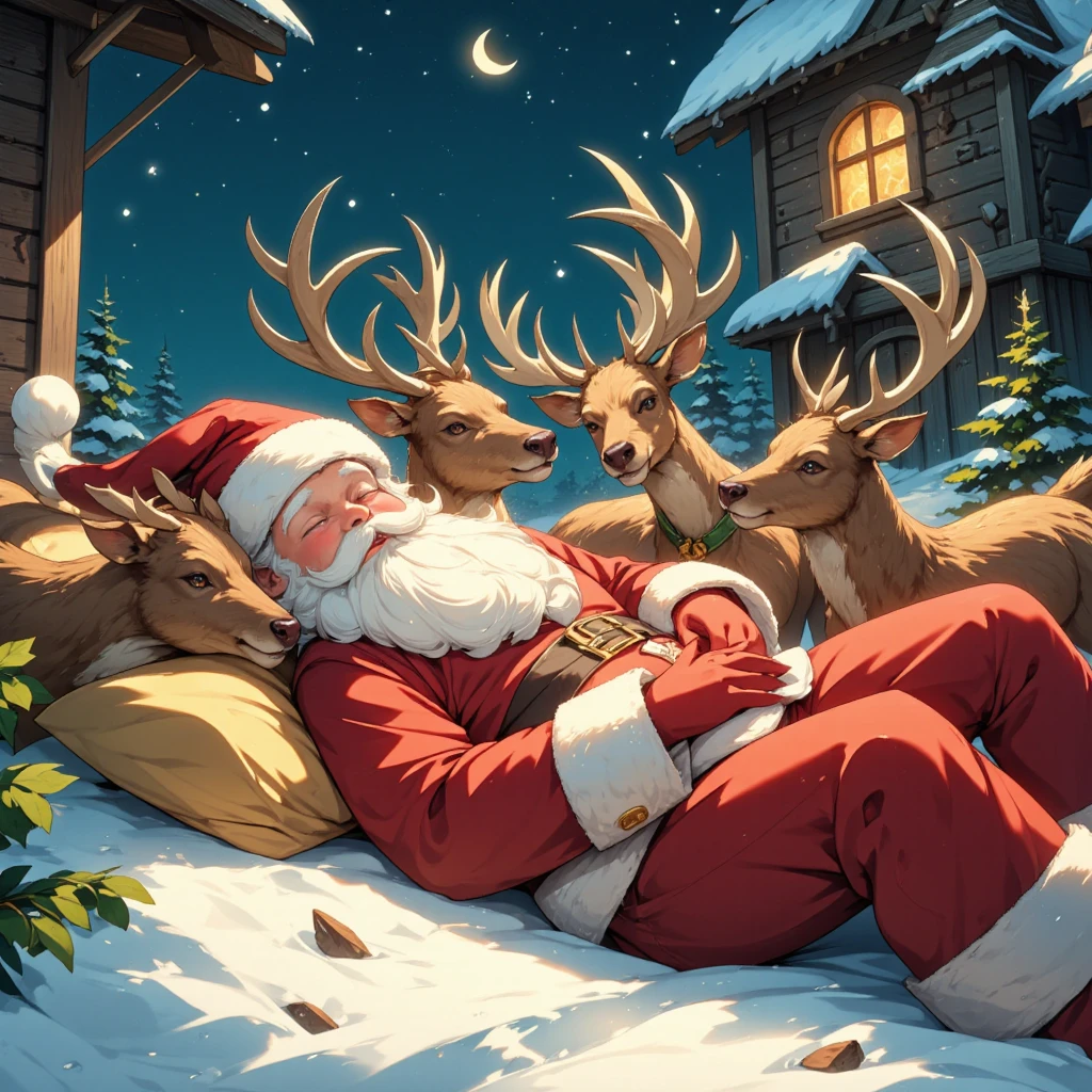 Santa Claus is oversleeping, and the reindeer are desperately trying to wake him up, This is cute fantasy art that looks like a fairy tale picture book, ultra detailed, absolutely resolution, masterpiece