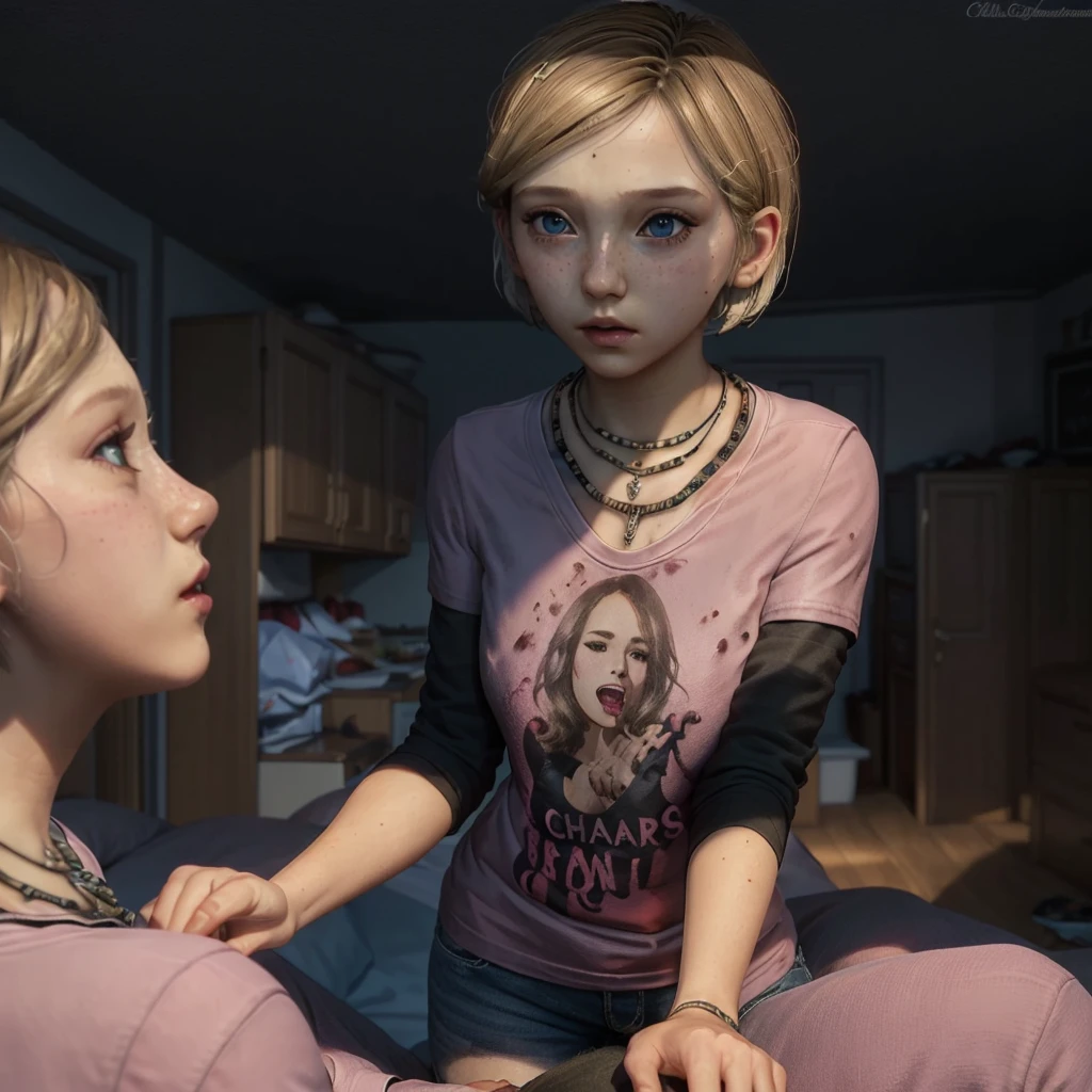  Stunning Intricate Full Color Ultra HD Portraits,   girl, Blonde short hair,  blue eyes,   Perfectly Drawn Face  , Wearing a pink T-shirt,  Necklaces , Black logo, At home, Spectacular Figure Composition ,  sharp concentration, erotica, Underground Scattered, F2,  flat chested