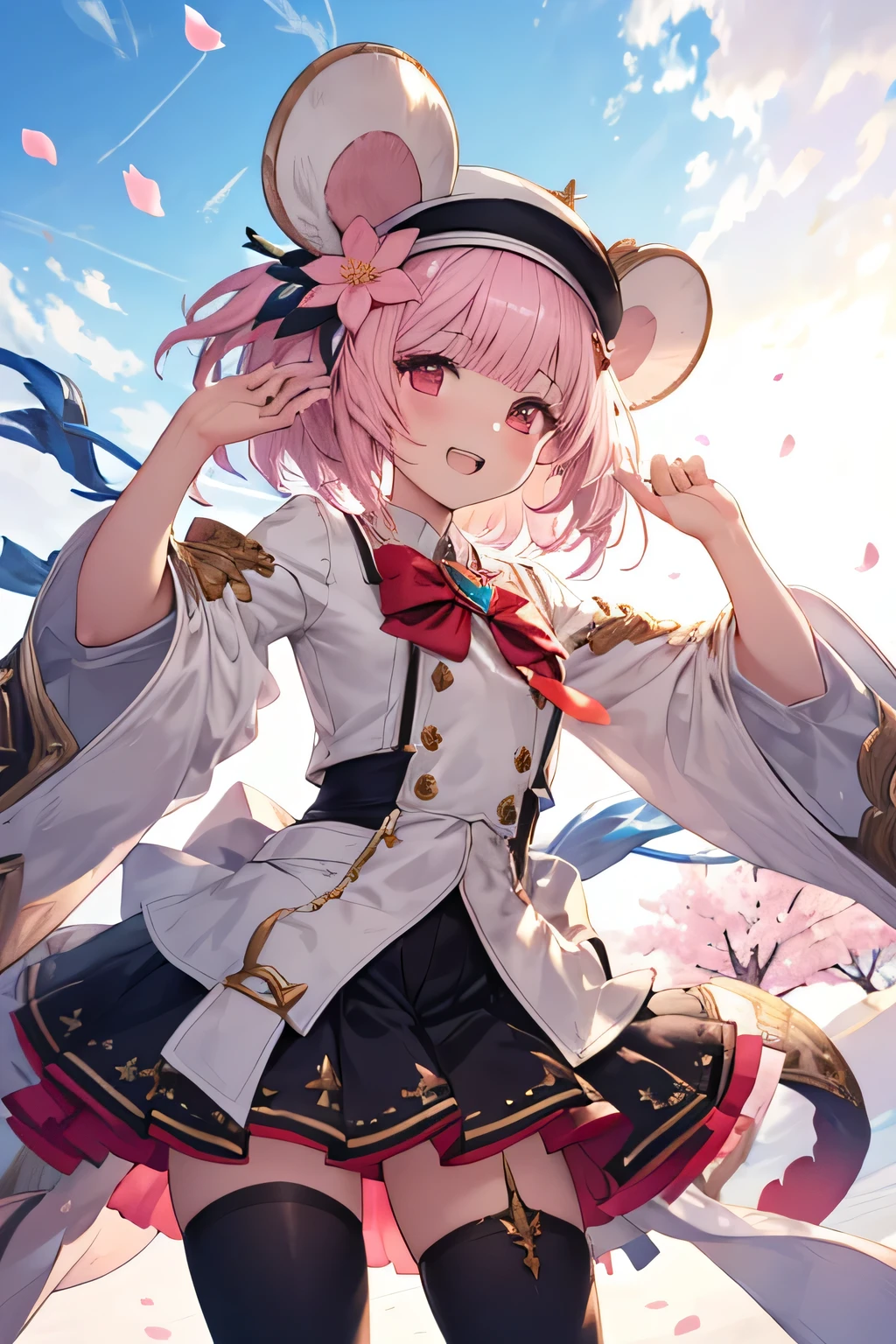 happy girl ( showing teeth), standing, combat pose,  pink hair color,  mmorpg background ,  mmorpg background (A stranger), complete anatomy,   graphic effects ,  ornament of a flower-shaped accessory on the head, aura, white beret, height 159 cm  ( 5 feet 3 inches ),  summoning circle, Castea skill Eccentric Parade(granblue fantasy), Blue Fire Force +vapor,  fire around, strong breeze ,  sakura petals and leaves, primera persona, blush,  looking at the spectator , Charm, Pausa de toque ciego  looking at the spectator ,  very detailed face , 8K, light and shadow effect.  Masterpiece.