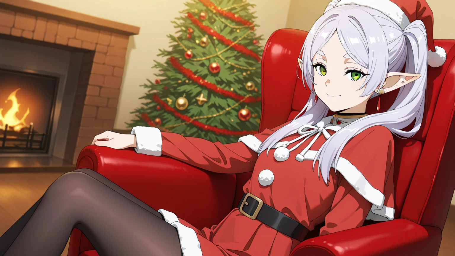 (masterpiece), best quality, absurdres, very aesthetic, looking at the viewer, nice hands, 1 girl,zzFrieren, long hair, smile,  twintails, green eyes, grey hair, pointy ears, elf, zzFrieren, long hair, twintails, green eyes, grey hair, pointy ears, elf, shirt, long sleeves, jewelry, earrings, red capelet santa , christmas, red santa hat, santa costume, living room christmas decorated,christmas room, sitting red armchair,sitting red armchair posing, red skirt, black pantyhose,close up image,