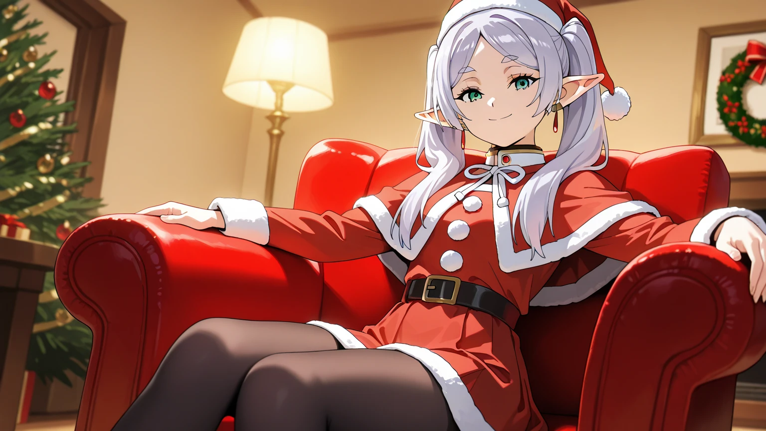 (masterpiece), best quality, absurdres, very aesthetic, looking at the viewer, nice hands, 1 girl,zzFrieren, long hair, smile,  twintails, green eyes, grey hair, pointy ears, elf, zzFrieren, long hair, twintails, green eyes, grey hair, pointy ears, elf, shirt, long sleeves, jewelry, earrings, red capelet santa , christmas, red santa hat, santa costume, living room christmas decorated,christmas room, sitting red armchair,sitting red armchair posing, red skirt, black pantyhose,close up image,