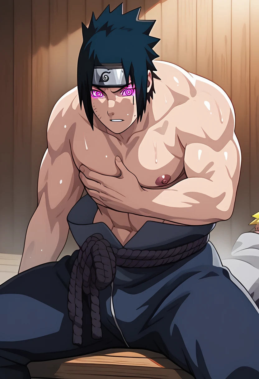 2 boys in a sauna staring at each other, Muscular Naruto Uzumaki and Sasuke Uchiha from Naruto, goes gay, a gay is grabbing gay's breasts from behindアニメ風, Background blur,sauna,sweat,Keeping one&#39;s body close,White Thong, hyper muscles, hyper crotch bulge, brainwashing, hypnosis, hypnotized, dumb, IQ drain, genjutsu brainwashing them both to be mindless muscular thralls, meathead, musclehead