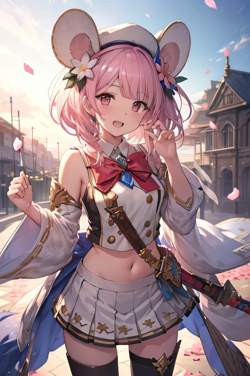 happy girl ( showing teeth), standing, combat pose,  pink hair color,  mmorpg background ,  mmorpg background (A stranger), complete anatomy,   graphic effects ,  ornament of a flower-shaped accessory on the head, aura, white beret, height 159 cm  ( 5 feet 3 inches ),  summoning circle, Castea skill Eccentric Parade(granblue fantasy), Blue Fire Force +vapor,  fire around, strong breeze ,  sakura petals and leaves, primera persona, blush,  looking at the spectator , Charm, Pausa de toque ciego  looking at the spectator ,  very detailed face , 8K, light and shadow effect.  Masterpiece.