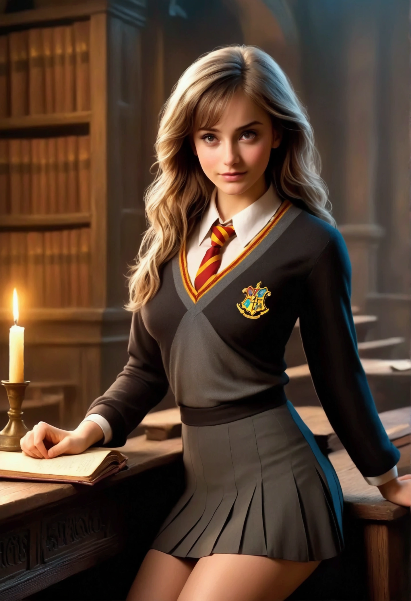 (hogwarts academy) a cute young female substitute magic  teacher in her 20s, unbuttoned blouse, short skirt, delicate magical emblems, sitting on her desk, legs crossed gently kicking no panties, neatly trimmed pubic hair, breasts dangling with no bra, absently casting magic symbols to the black board, hyper realistic, 8k, intricate details, photorealistic, dramatic lighting, cinematic composition, elegant, seductive, sensual
