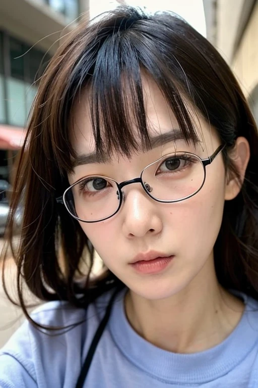 Best quality,masterpiece,ultra high res,photorealistic,1girl,taipei street alley,dynamic pose,depth of field,upper_body,very small eyes、Sleepy expression、Angry face, Watch viewers、
is losing weight、
bangs, Very slender 、Glasses:1.3、Very thin face、Thin Nose、Very high nose、Very very narrow eyes、narrow eyebrows、Thin lips、Long curly hair:1.6、 bang、College Student 、No cheekbones,very narrow eyes、The corners of the eyes are raised,small face、 Sexy Face、