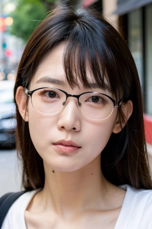 Best quality,masterpiece,ultra high res,photorealistic,1girl,taipei street alley,dynamic pose,depth of field,upper_body,very small eyes、Sleepy expression、Angry face, Watch viewers、
is losing weight、
bangs, Very slender 、Glasses:1.3、Very thin face、Thin Nose、Very high nose、Very very narrow eyes、narrow eyebrows、Thin lips、Long curly hair:1.6、 bang、College Student 、No cheekbones,very narrow eyes、The corners of the eyes are raised,small face、 Sexy Face、