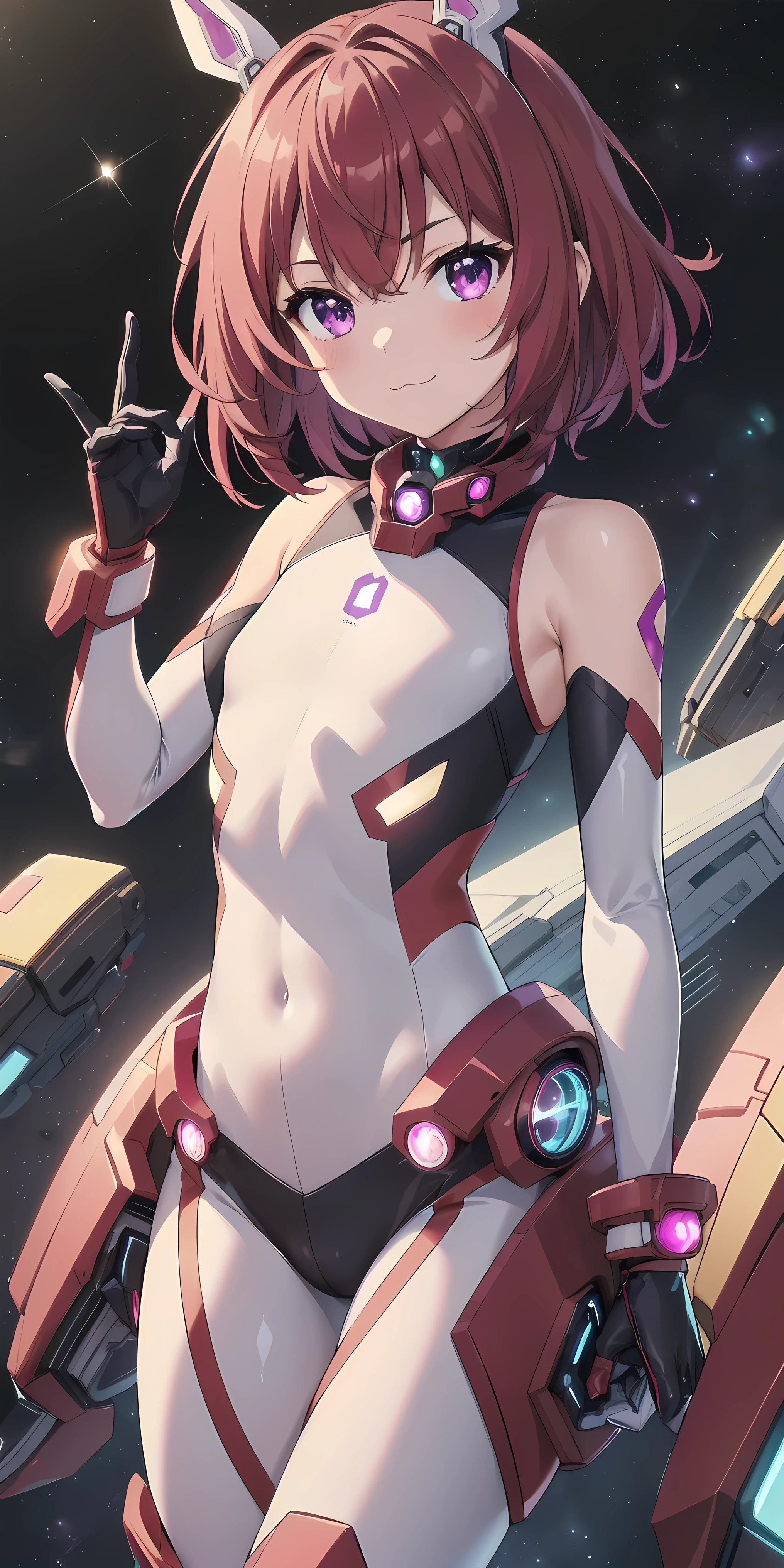 1girl, solo, tailred, medium hair, red hair, perfect face, purple eyes, looking at viewer, cute, smile, :3, uwu, closed mouth, (thin:1.3), flat chest, (white latex bodysuit:1.2), black elbow gloves, space in background, cowboy shot, scifi, masterpiece, high resolution, best quality, 