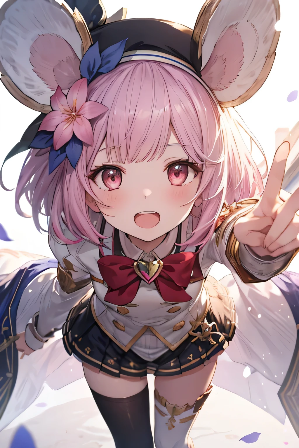 happy girl ( showing teeth), standing, combat pose,  pink hair color,  mmorpg background ,  mmorpg background (A stranger), complete anatomy,   graphic effects ,  ornament of a flower-shaped accessory on the head, aura, white beret, height 159 cm  ( 5 feet 3 inches ),  summoning circle, Castea skill Eccentric Parade(granblue fantasy), Blue Fire Force +vapor,  fire around, strong breeze ,  sakura petals and leaves, primera persona, blush,  looking at the spectator , Charm, Pausa de toque ciego  looking at the spectator ,  very detailed face , 8K, light and shadow effect.  Masterpiece.