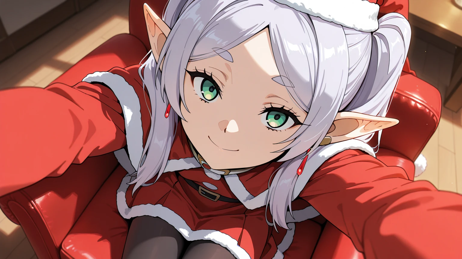 (masterpiece), best quality, absurdres, very aesthetic, looking at the viewer, nice hands, 1 girl,zzFrieren, long hair, smile,  twintails, green eyes, grey hair, pointy ears, elf, zzFrieren, long hair, twintails, green eyes, grey hair, pointy ears, elf, shirt, long sleeves, jewelry, earrings, red capelet santa , christmas, red santa hat, santa costume, living room christmas decorated,christmas room, sitting red armchair,sitting red armchair posing, red skirt, black pantyhose,close up image,selfie,view from above,