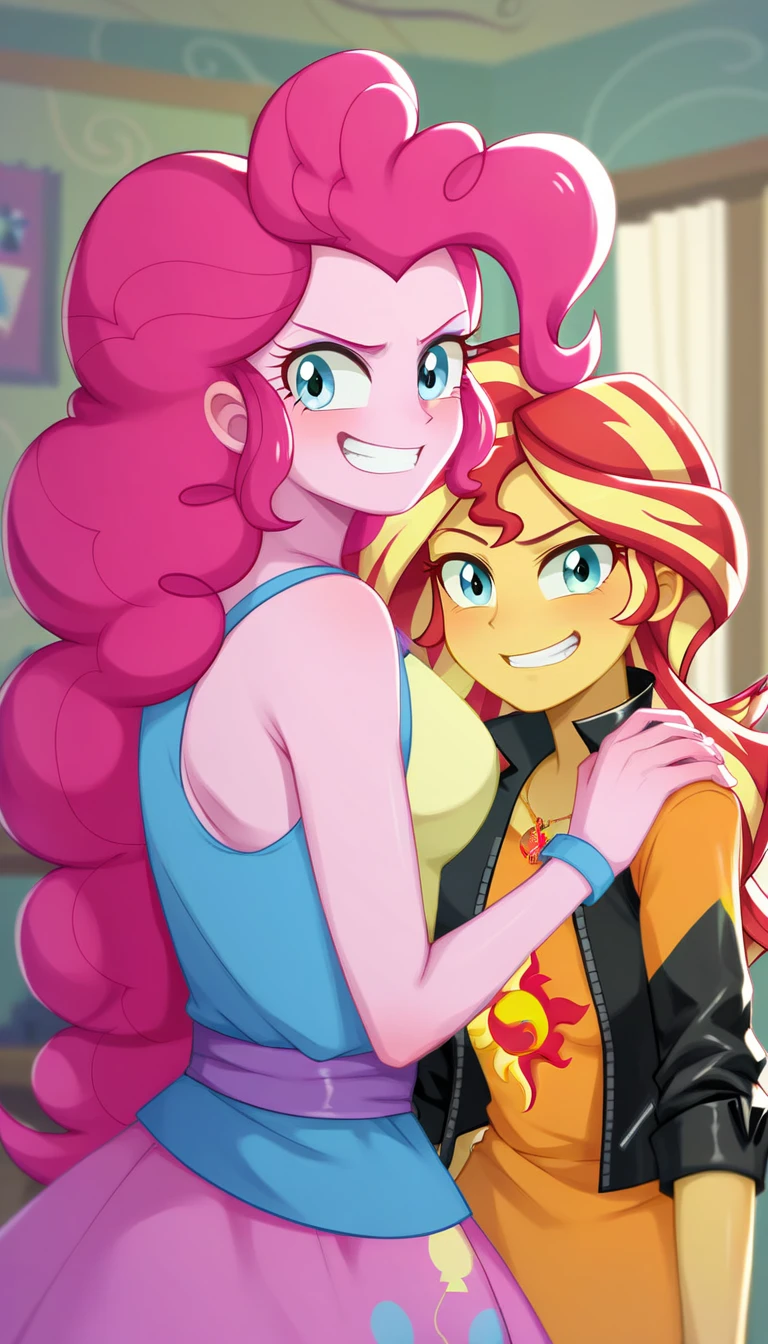 score_9, score_8_up, score_7_up BREAK sunset shimmer, pinkie pie, human, equestria girls, g4, medium breasts, lesbian, 2 girls, indoors, looking at you, evil wicked grin