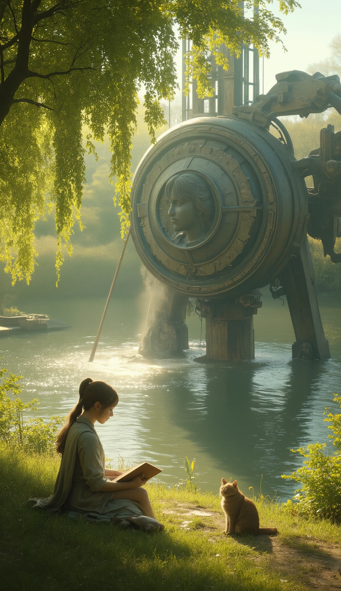 A girl reads a book on the lakeside,  bright color, spring, Willow Branch, comfortable, Warm Sunlight ,  A cat with a high-definition image ,  atmospheric perspective , 8k,  super detailed, Accurate,  top quality,  facing the side, Aerial angle, (( and a relief with the outline of a woman's face to her shoulders is embedded in the giant divine weapon, mechanical, Complex body)), Downcast eyes, , ((sleepy)),  open mouth,  shoots a thick beam directly below 、Destroy the ground