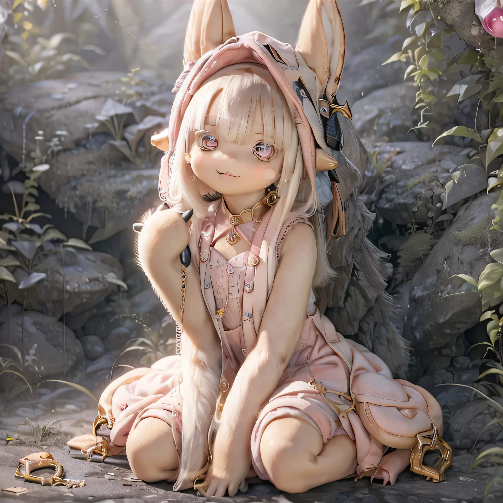 in the garden, Smiling girl, Similar to Nanachi from Made in Abyss. She is beautiful, Beautiful eyes and lips. girl (((Chibi Style,))) . Image quality is excellent, Highly detailed and realistic features. The medium of this work is、Combining illustration and photorealistic rendering.. The colors are vivid、The lighting creates a warm and bright atmosphere。 whole body(((((Cute pink dress)))))Contrasting