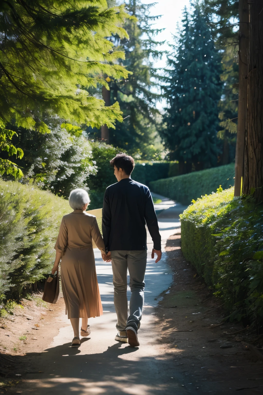 Uma fotografia das costas de um casal de idosos caminhando pela floresta, holding hands, sorridente, acompanhado por um lindo labrador retriever. The forest is beautiful, com alguns patos perto de um lago no lado direito da foto. The sun shines through the trees, and the leaves fall to the ground, criando uma atmosfera de outono. This is a professional, high quality artistic photography, transmitindo paz e tranquilidade. Maximum quality at 16.4 formato.