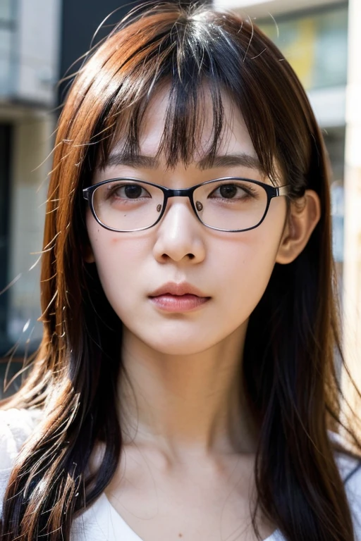 Best quality,masterpiece,ultra high res,photorealistic,1girl,taipei street alley,dynamic pose,depth of field,upper_body,very small eyes、Sleepy expression、Angry face, Watch viewers、
is losing weight、cheeks sink、
bangs, Very slender 、Glasses:1.3、Very thin face、Thin Nose、Very high nose、Very very narrow eyes、narrow eyebrows、Thin lips、Long curly hair:1.6、 bang、College Student 、No cheekbones,very narrow eyes、The corners of the eyes are raised,small face、 Sexy Face、