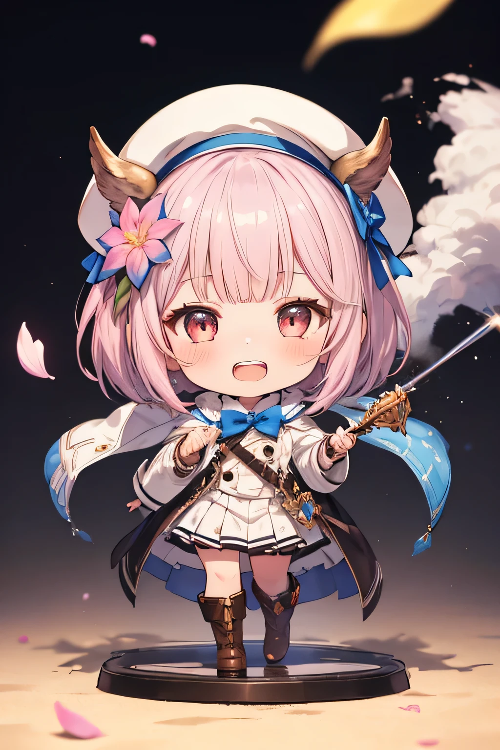 happy girl ( showing teeth), standing, combat pose,  pink hair color,  mmorpg background ,  mmorpg background (castillo, rainbow, custody, stars), complete anatomy,   graphic effects ,  ornament of a flower-shaped accessory on the head, aura, white beret, height 159 cm  ( 5 feet 3 inches ),  summoning circle, Castea skill Eccentric Parade(granblue fantasy), Blue Fire Force +vapor,  fire around, strong breeze ,  sakura petals and leaves, primera persona, blush,  looking at the spectator , Charm, Pausa de toque ciego  looking at the spectator ,  very detailed face , 8K, light and shadow effect.  Masterpiece, la mejor calidad, fullbody, Chibi, , (change:1.2), Nendoroide, PVC models 