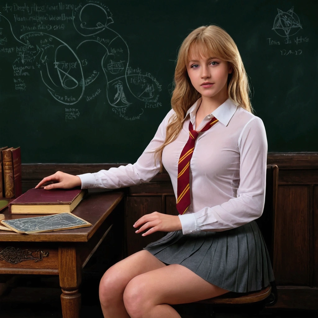 (hogwarts academy) a cute young female substitute magic  teacher in her 20s, unbuttoned blouse, short skirt, delicate magical emblems, sitting on her desk, legs crossed gently kicking no panties, neatly trimmed pubic hair, breasts dangling with no bra, absently casting magic symbols to the black board, hyper realistic, 8k, intricate details, photorealistic, dramatic lighting, cinematic composition, elegant, seductive, sensual
