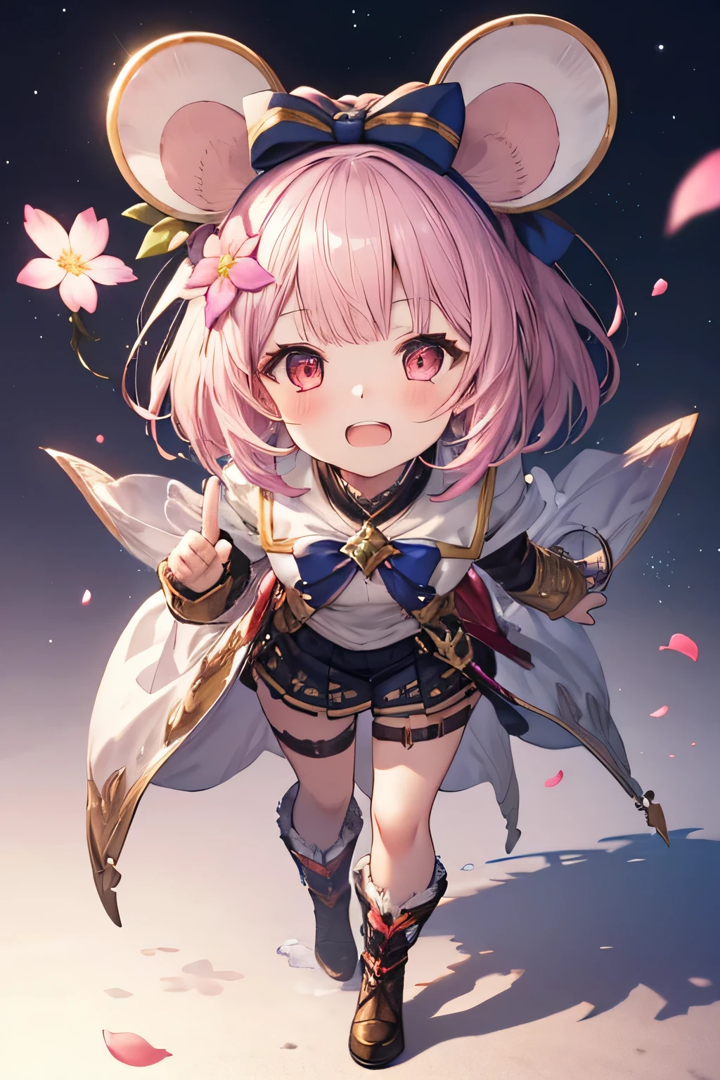 happy girl ( showing teeth), standing, combat pose,  pink hair color,  mmorpg background ,  mmorpg background (castillo, rainbow, custody, stars), complete anatomy,   graphic effects ,  ornament of a flower-shaped accessory on the head, aura, white beret, height 159 cm  ( 5 feet 3 inches ),  summoning circle, Castea skill Eccentric Parade(granblue fantasy), Blue Fire Force +vapor,  fire around, strong breeze ,  sakura petals and leaves, primera persona, blush,  looking at the spectator , Charm, Pausa de toque ciego  looking at the spectator ,  very detailed face , 8K, light and shadow effect.  Masterpiece, la mejor calidad, fullbody, Chibi, , (change:1.2), Nendoroide, PVC models 