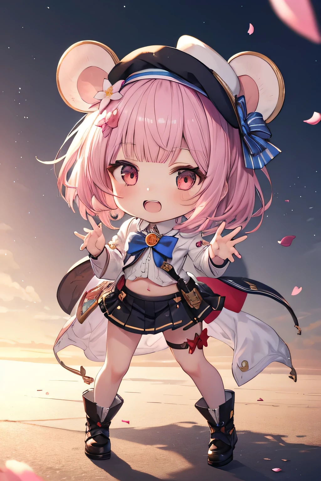 happy girl ( showing teeth), standing, combat pose,  pink hair color,  mmorpg background ,  mmorpg background (castillo, rainbow, custody, stars), complete anatomy,   graphic effects ,  ornament of a flower-shaped accessory on the head, aura, white beret, height 159 cm  ( 5 feet 3 inches ),  summoning circle, Castea skill Eccentric Parade(granblue fantasy), Blue Fire Force +vapor,  fire around, strong breeze ,  sakura petals and leaves, primera persona, blush,  looking at the spectator , Charm, Pausa de toque ciego  looking at the spectator ,  very detailed face , 8K, light and shadow effect.  Masterpiece, la mejor calidad, fullbody, Chibi, , (change:1.2), Nendoroide, PVC models 