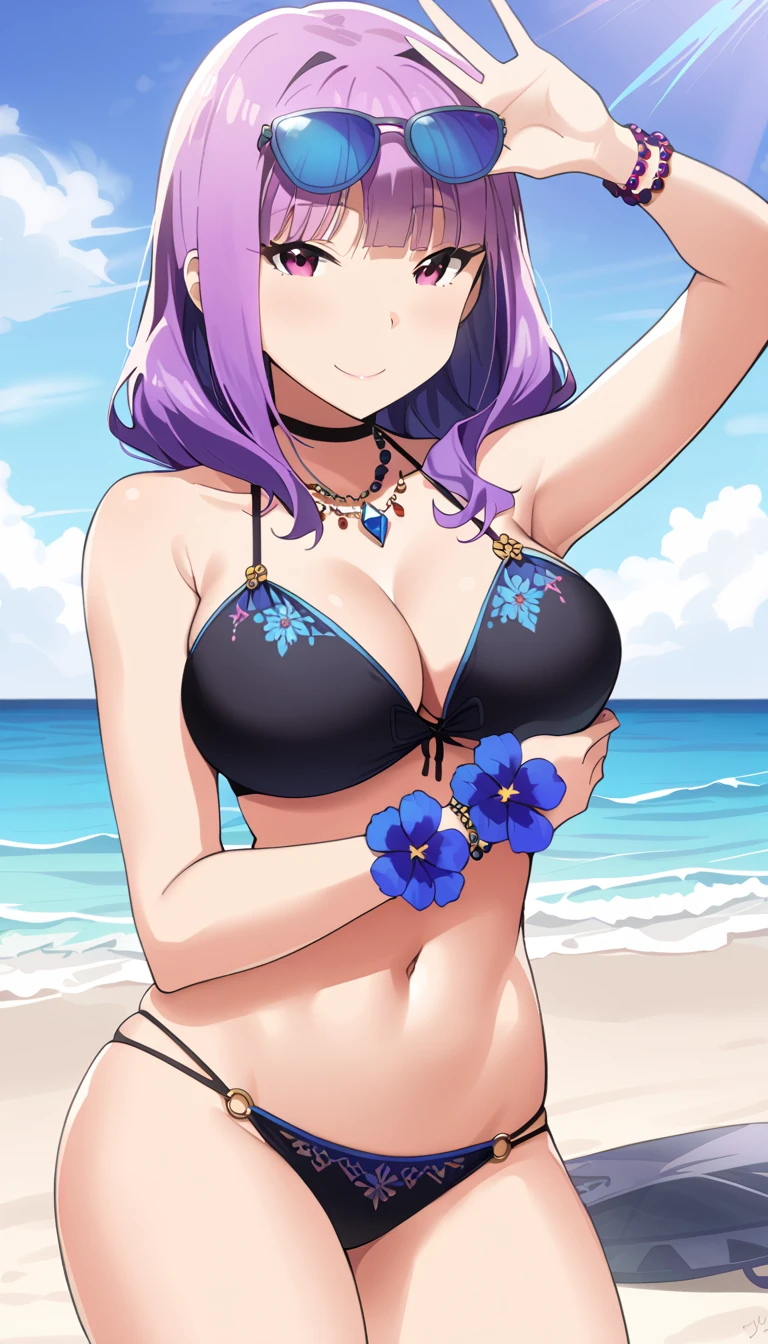 ((1 girl, alone)), ((special attention to seeing the full body)), ((purple hair, blue streaks, sunglasses on head)), purple eyes, (perfect body, ((anatomically correct)), large breasts, ((big sexy thighs))), bracelets on wrists, choker, (necklace with conch beads and amethyst stone), navel piercing, barefoot, ((black bikini with embroidered blue flower detail)), (Making the V sign with hands, happy smile), (full body), (beach)