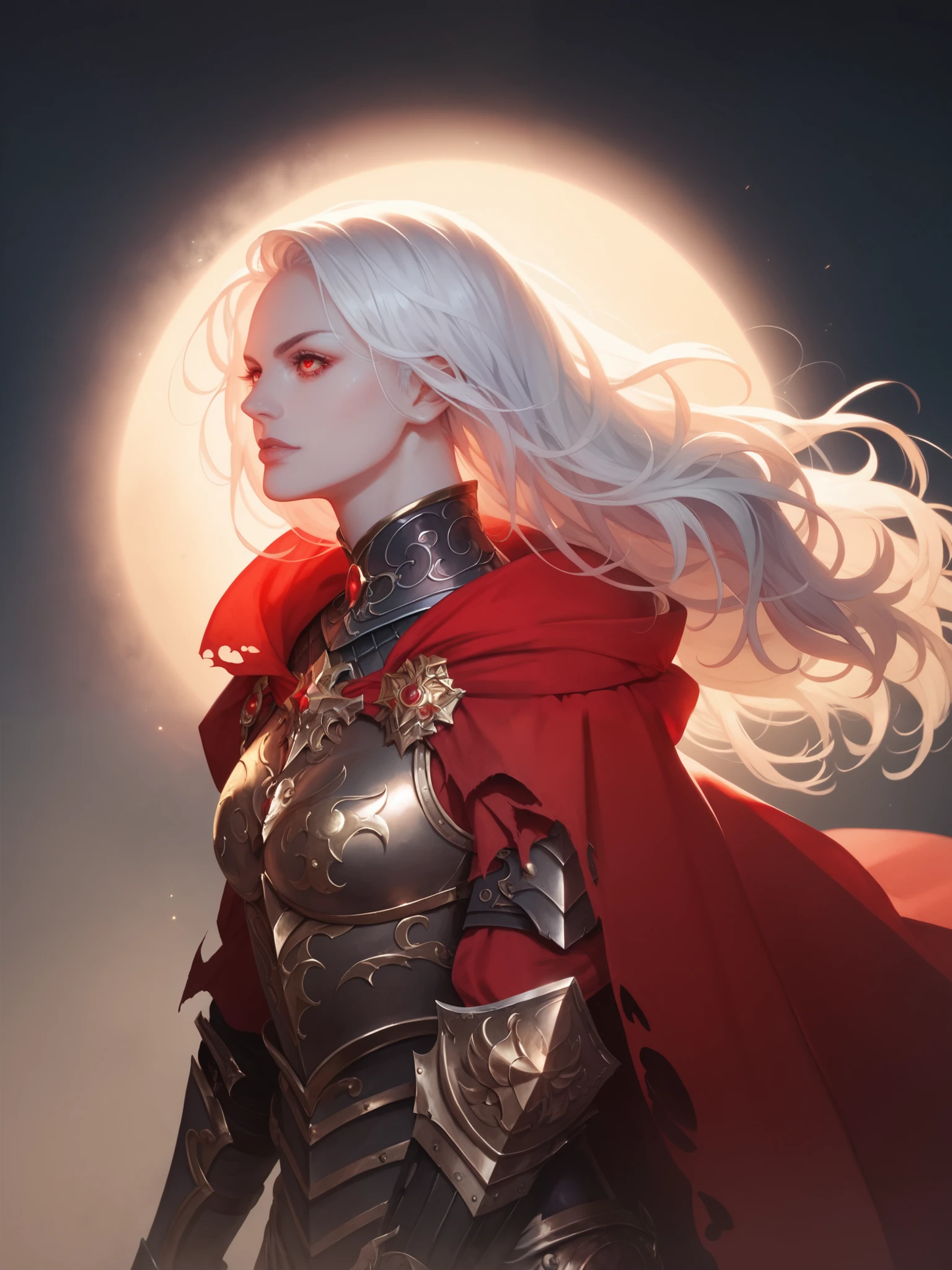 1girl, Female, long hair, not super realistic, fantasy, armor, no expression, gorgeous, red cape, torn cape, warm hues, good lighting and shadows. Ethereal, sword, upper body, detailed, gorgeous, dark colors, hazy, Smokey, badass, cool background, pale skin, white hair, armor, deep red eyes, anime, Masterpiece, Anatomically Correct, Award Winning, Best Quality, Detail, HD, 