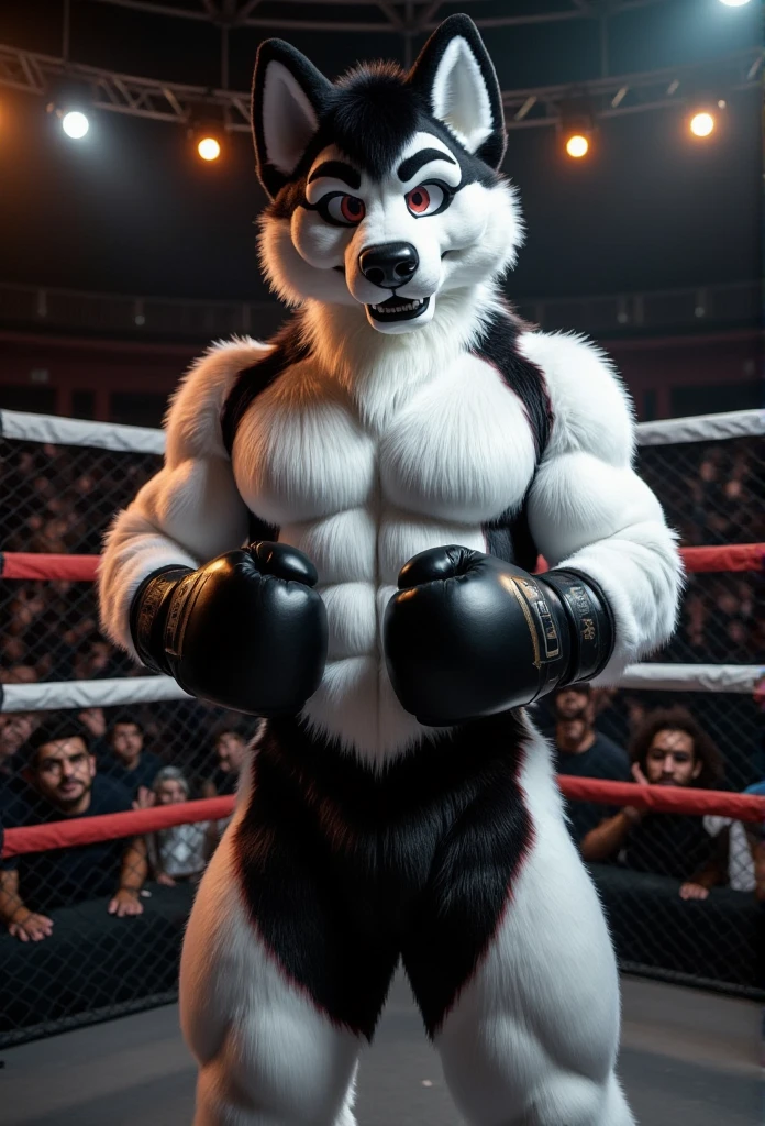 score_9, score_8_up, score_7_up, rating_rule34,source_furry,anthro,source_3D,
white wolf The little sun in the boxing ring wearing fighting gloves. (White fur) (Red eyes) Looking at the viewer nude (penis, balls, big penis),