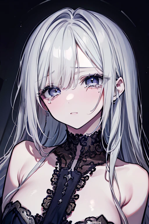 ((highest quality)), ((masterpiece)), (detailed), Perfect Face，Very long hair，Hair on one eye，Half Up，Skinny body，，Silver Hair，nsfw，Show raw