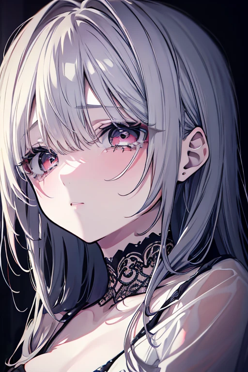 (master piece),(top-quality:1.2),(8k anime),1 girl,beautiful detailed red eyes,(Beautiful silky silver hair:1.2), (Realistic),tear up,shed tears,tears flow,Detailed skin,black theme,cinematic lighting