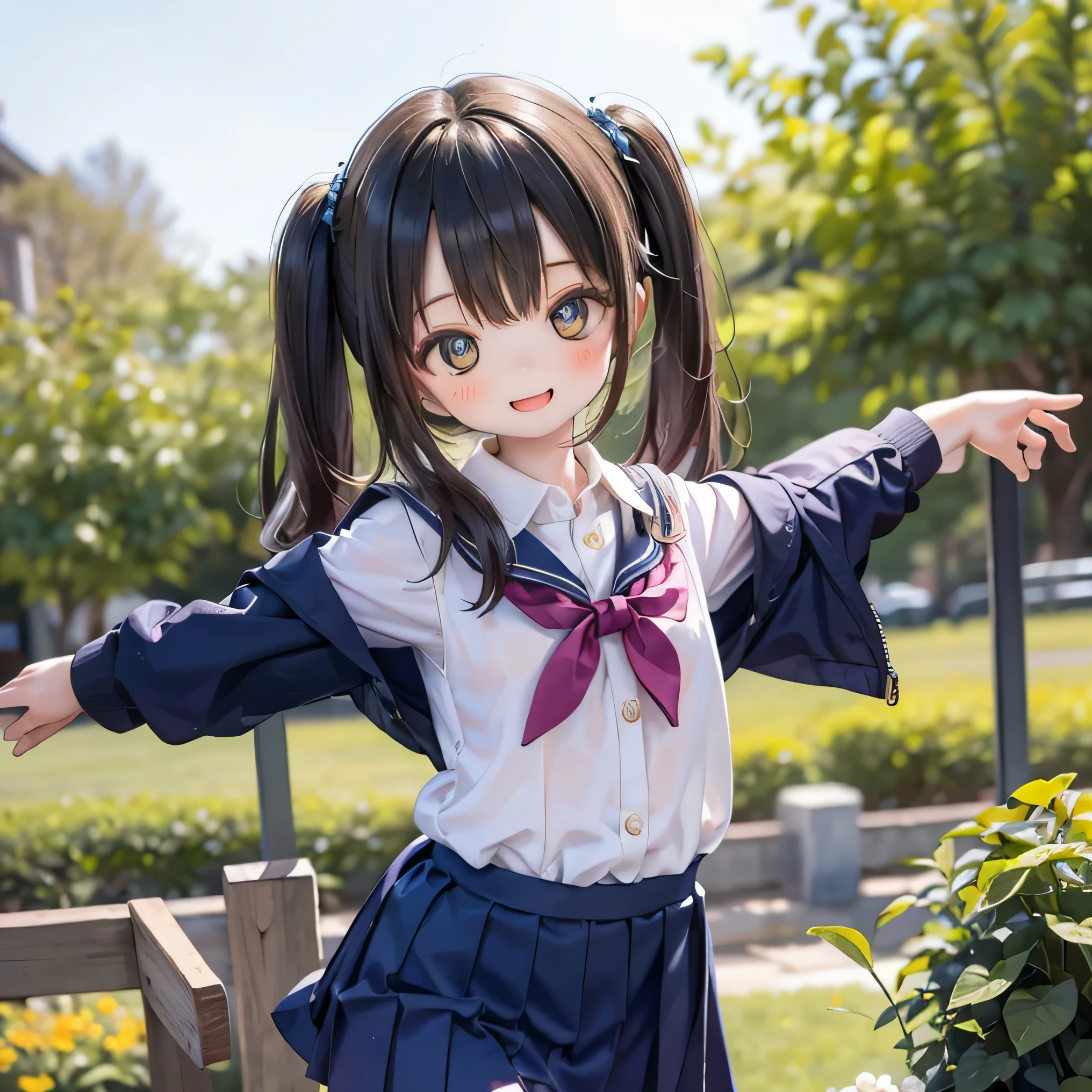 superfine illustration, Perfect ???????, Best Quality, Hires, amazing shading, Beautiful skin, 1 little girl, School Uniforms , Full body, A smile、In the street、the pose、行走