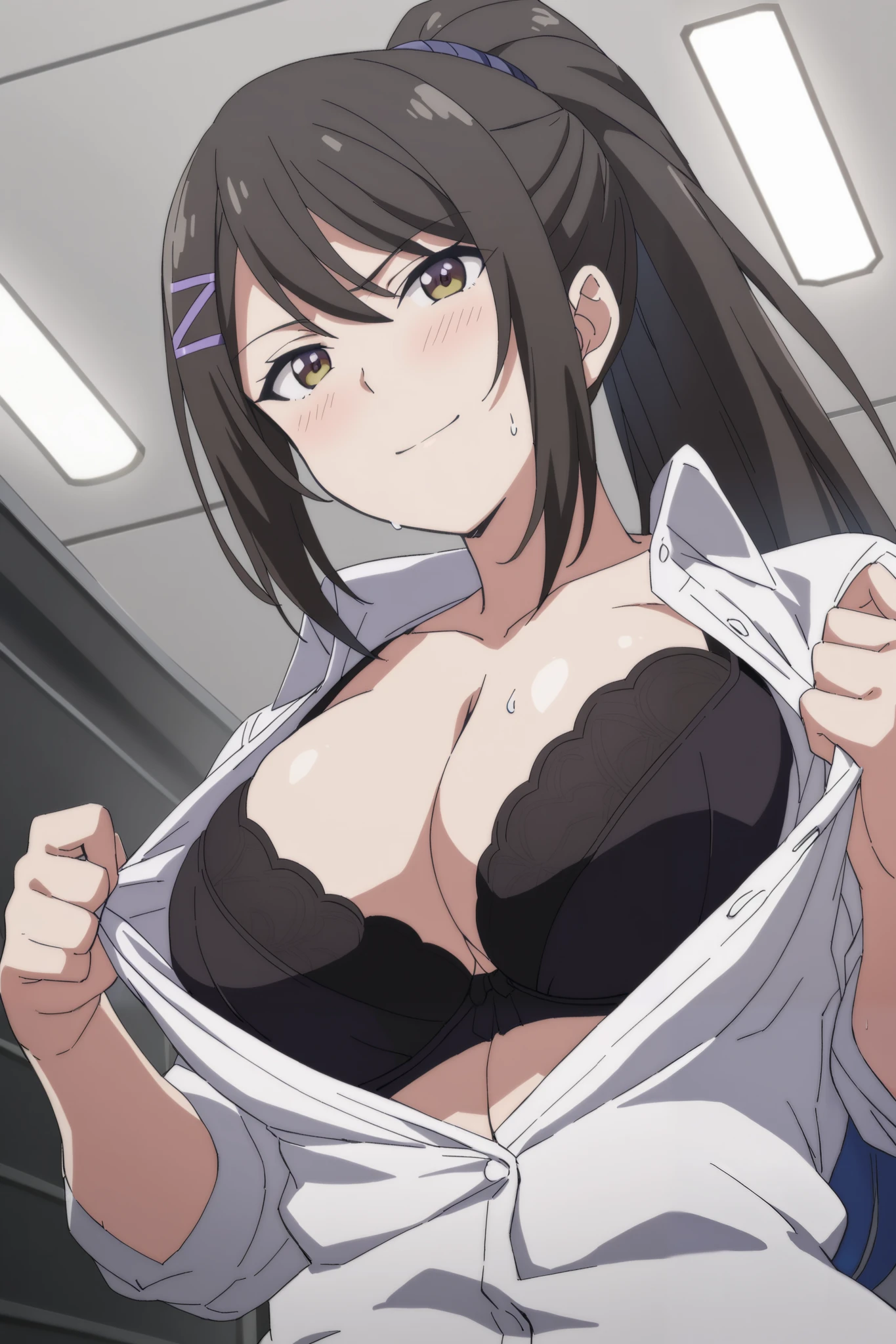 chabashira, 1girl, ponytail, black hair, hairclip, formal, suit, big breasts, (looking at viewer), upper body, (cleavage:1.5), masterpiece, best quality, blush, light smile, (open the shirt:1.5), (from below:1.5), sweaty, (black bra), anime screencap