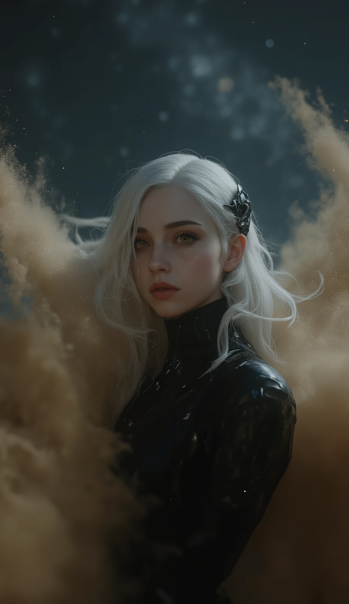 absurd , Masterpiece , HQ, 4K, high definition , top quality, 1girl in center screen with beautifulface, white_hair. (Black Costume:1.2),Deep Darkness, 前hair, chest, Eyebrow_visible_Through_hair, hair_ ornament, light_particle, length_hair, watching _in_ viewer, medium in anti-m_chest, sand丘の表面, Alone, null間, star_(null), starry_null, twin tails, very_length_hair, yellow_eye, transparent, see-Through,(background_Giedi_Prime_sand丘:1.0), ( innocent face:1.1), beautiful eye, volumetric lighting, Real shadows .((( Masterpiece :1.4))), ( top quality:1.4), (超 high definition :1.4), ( top quality:1.2), ( super detailed:1.3), DisintegrationEffect :1.4, (Swirl:1.2), sand, sand埃, Tornado, sand塵, sand漠, 8k, 16k, sandの女王, 顔の半分がsandの DisintegrationEffect