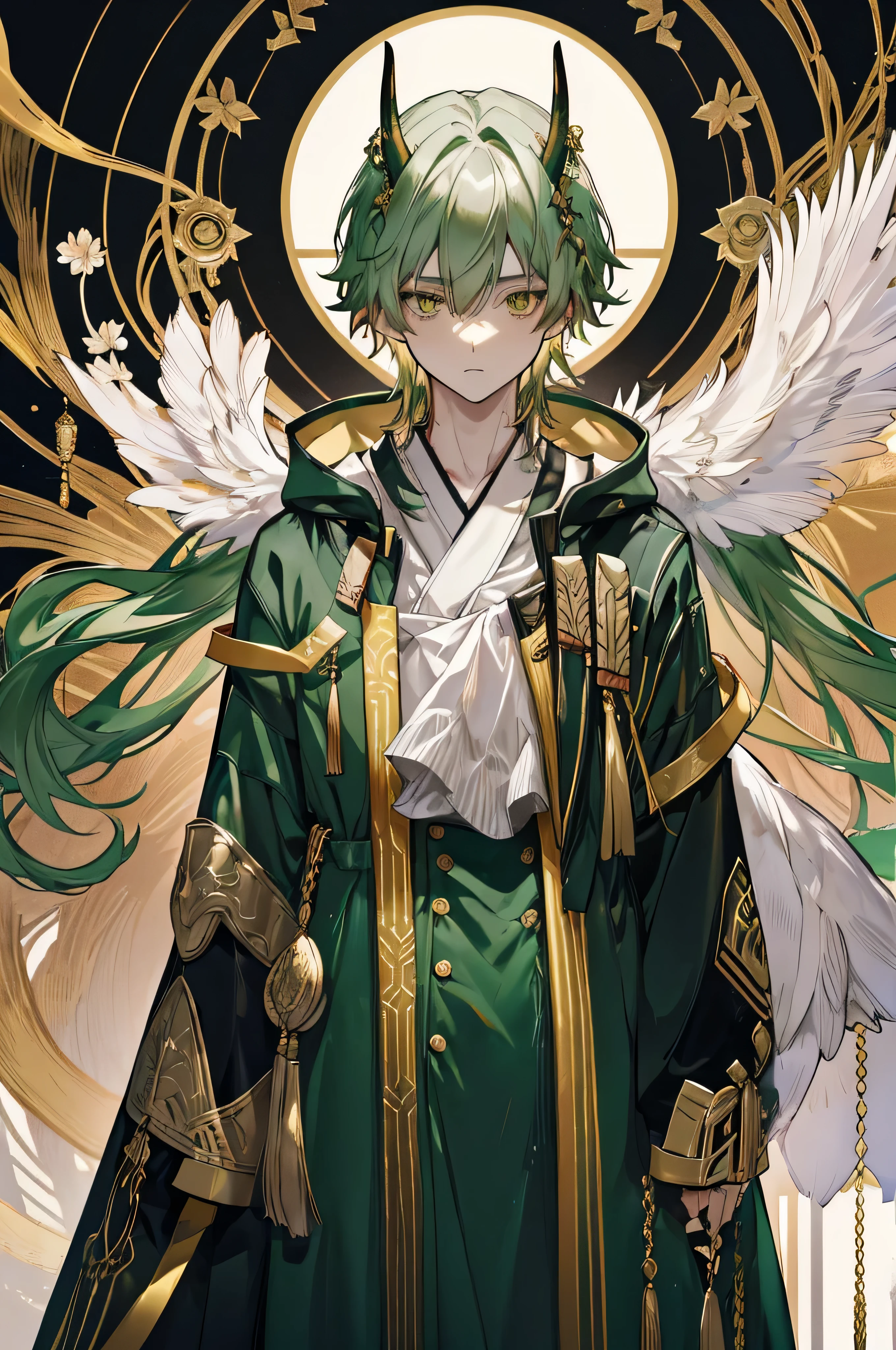 deep detailed eyes,tareme,Plant Horns , upper body,Frontal standing,black and white green coat ,kimono,male,(Age 30),One person,Gold decoration, medium hair ,Green Hair,Droopy eyes ,adult, dread ,Mysterious,Tree Spirit,,simple back ground,Golden Eyes,cross arms in front,standing,from front,