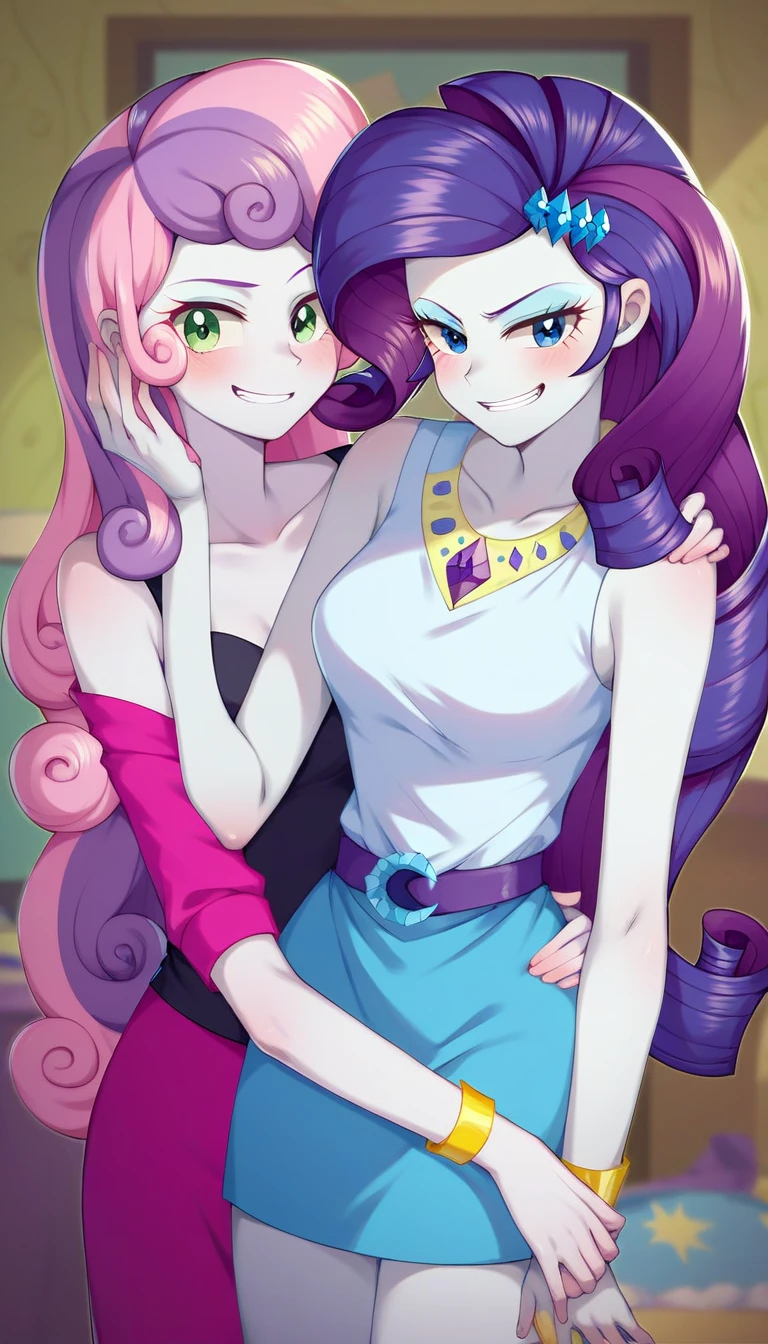 score_9, score_8_up, score_7_up BREAK sweetie belle, rarity, human, equestria girls, g4, medium breasts, lesbian, 2 girls, indoors, looking at you, evil wicked grin