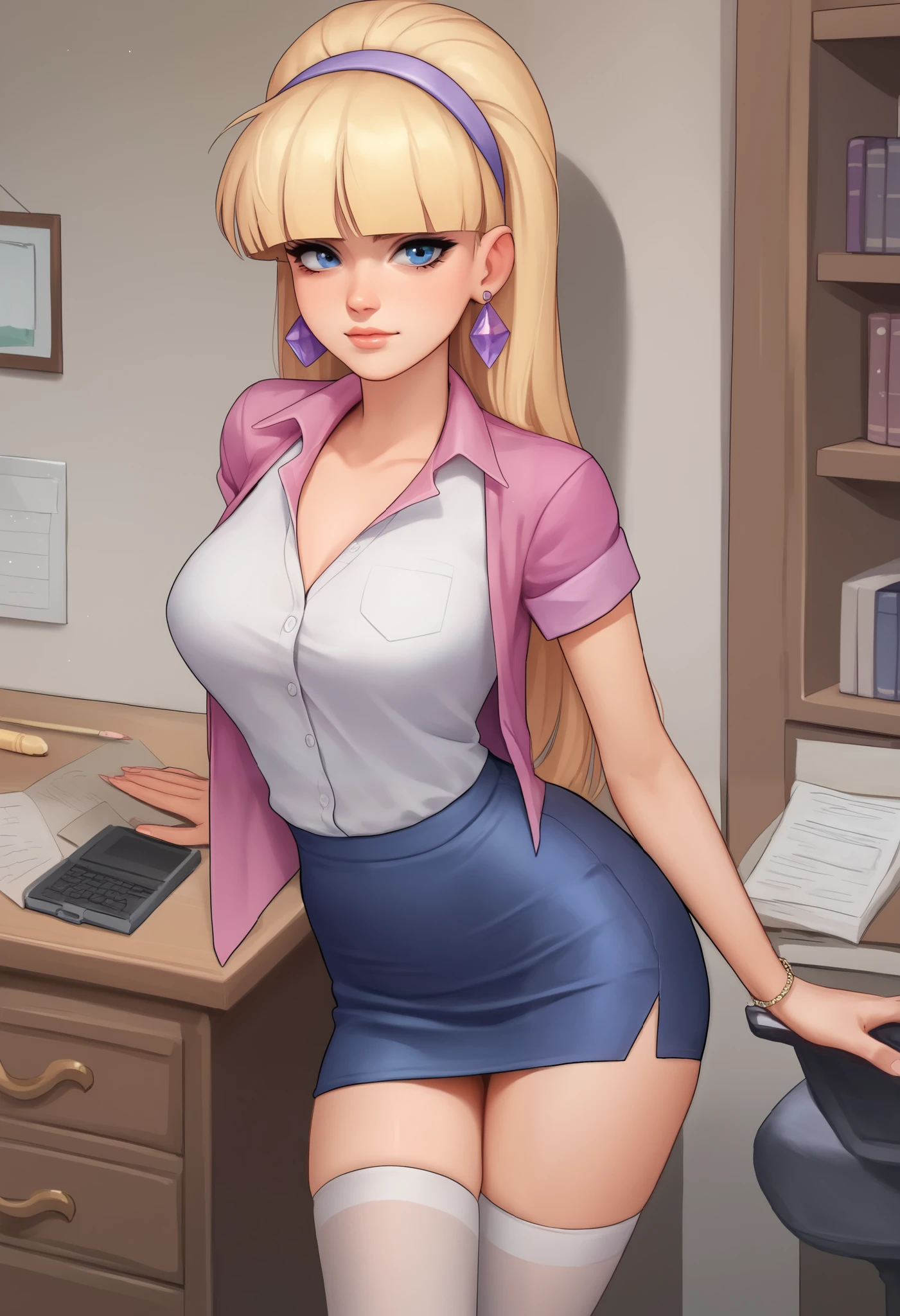 account_9, account_8_ex, account_7_ex, account_6_ex, account_5_ex, account_4_ex, pacifica, 1 girl, solo, long blonde hair with bangs, dark blue eyes, purple shadows, round lavender earrings, looks at the viewer, pencil skirt, shirt, stockings, school class.