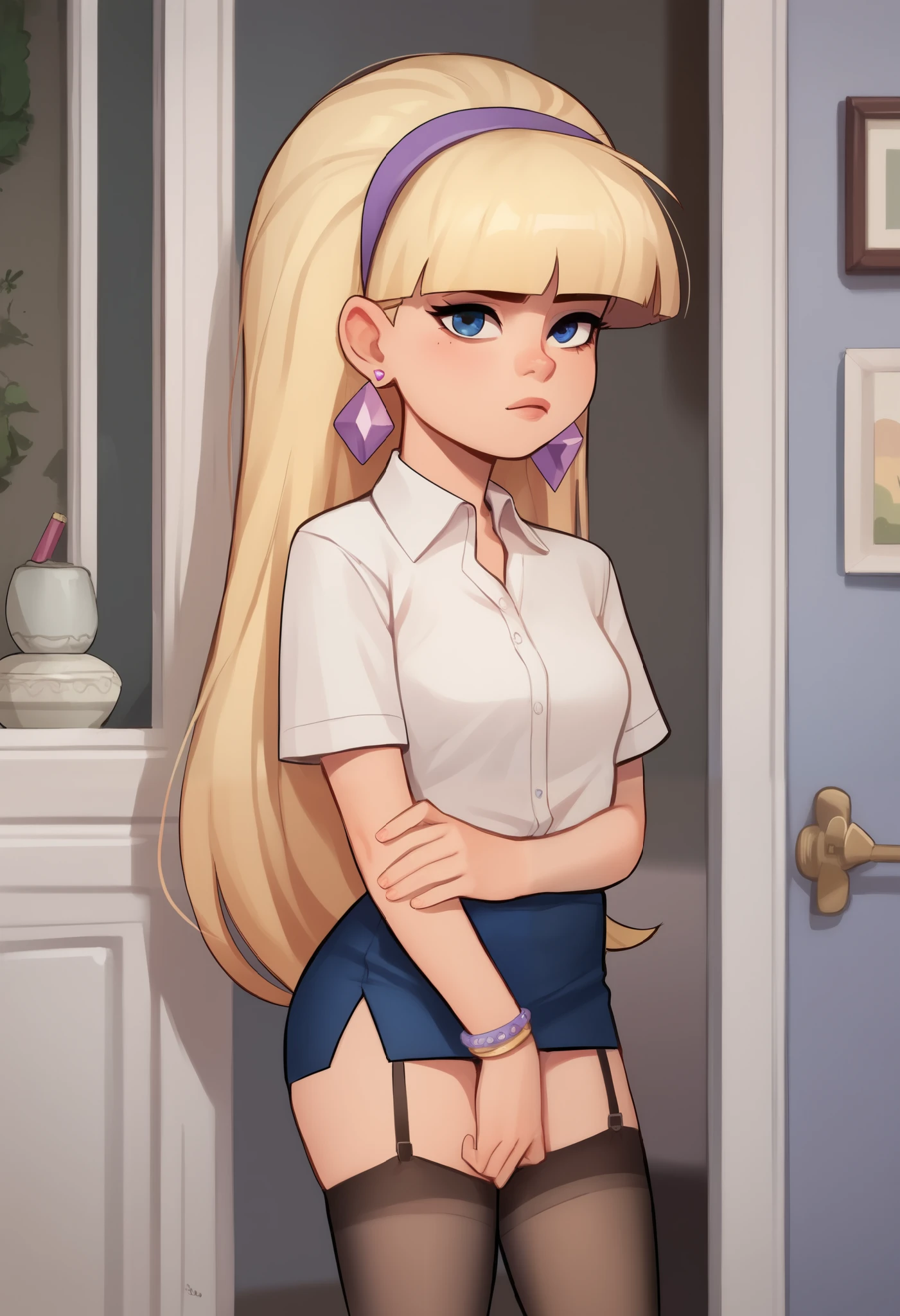 account_9, account_8_ex, account_7_ex, account_6_ex, account_5_ex, account_4_ex, pacifica, 1 girl, solo, long blonde hair with bangs, dark blue eyes, purple shadows, round lavender earrings, looks at the viewer, pencil skirt, shirt, stockings, school class.