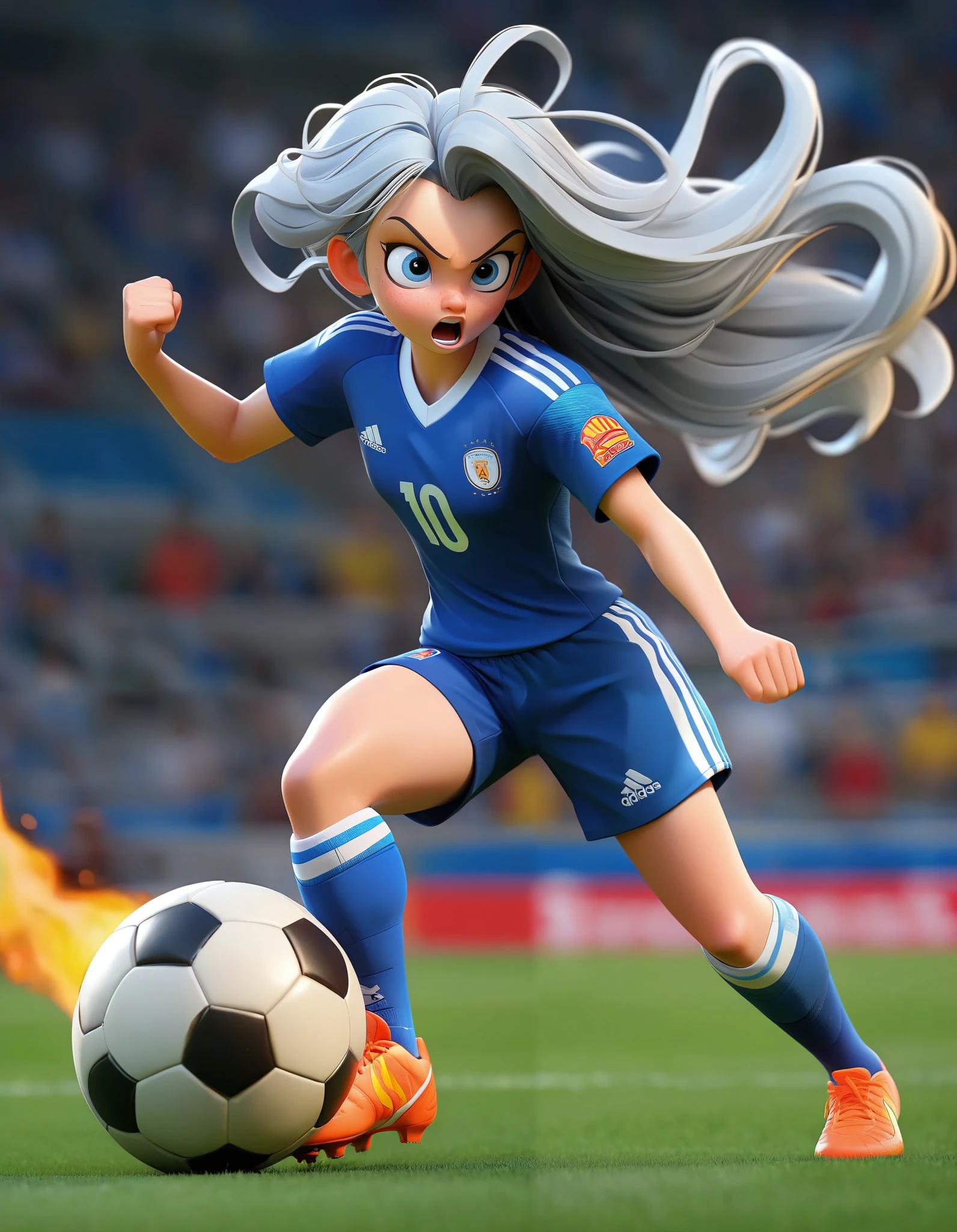 Soccer Tournament 、 full stadium 、 Light Blue Long Hair 、 1 girl with twin tails , blue eyes,captaintsubasashoot, playing a soccer ball ,Fire Shoot、 splash art、angle,emphasis lines, speedline , Motion Blur , motion line,aura, action,kicking,  soccer field, Watch viewers,  is standing on one leg , raise your arms , raise your legs,