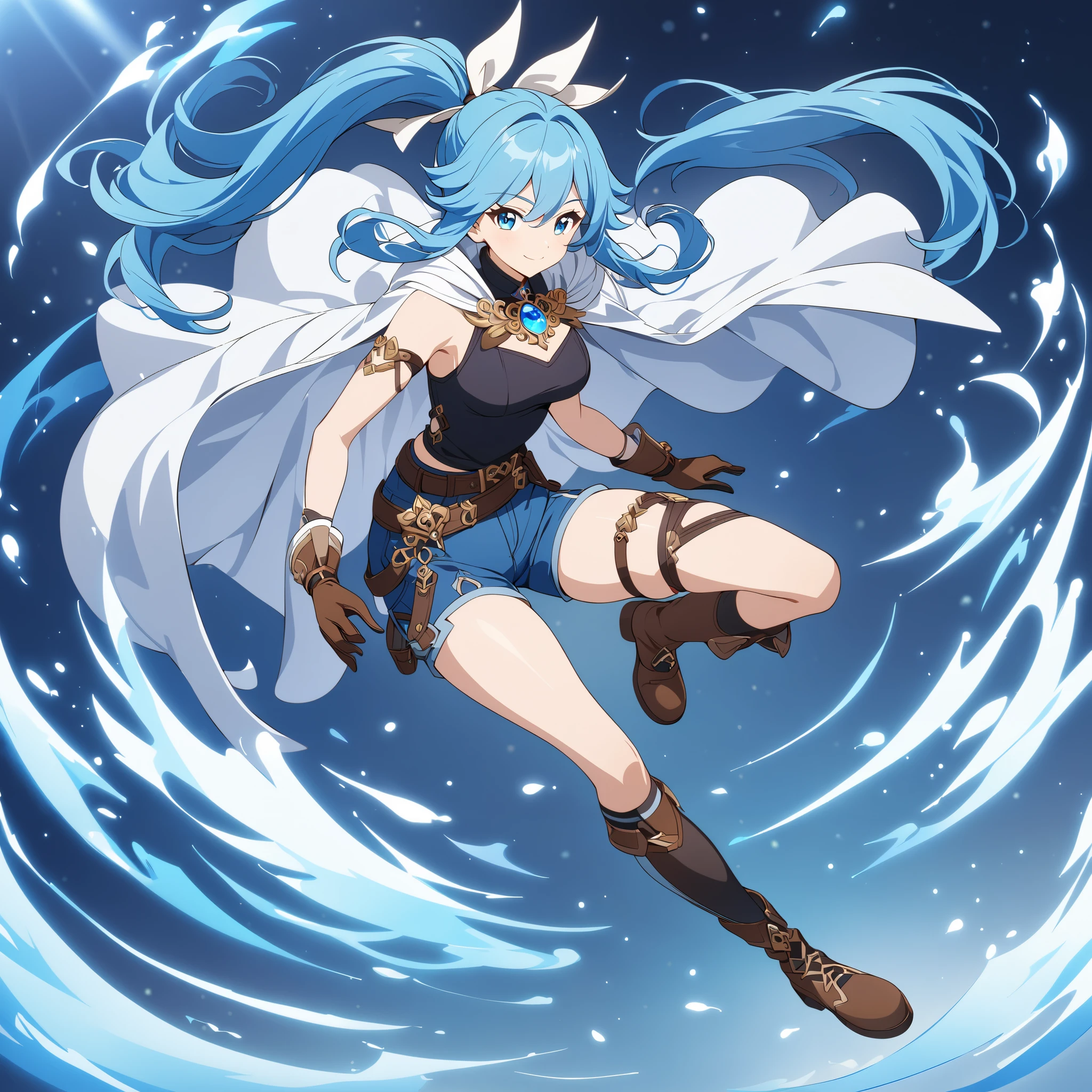 1girl, smile, white big ribbon, vivid blue hair, long blue ponytail, hair ribbon, white cape, black tank top, blue shorts, brown belt, brown boots, gloves, confident expression, full body, anime art style, detailed design, highres, masterpiece, fantasy outfit, modern adventurer, ornate brooch, white and blue color palette, thigh-high socks, genshin art style, best quality, amazing quality, very aesthetic, highres, incredibly absurdres