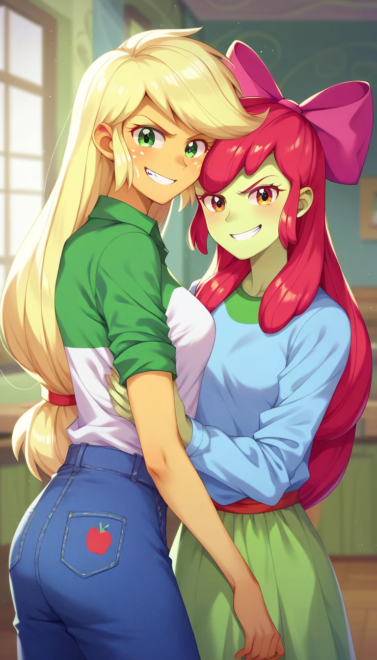 score_9, score_8_up, score_7_up BREAK applejack, applebloom, human, equestria girls, g4, medium breasts, lesbian, 2 girls, indoors, looking at you, evil wicked grin